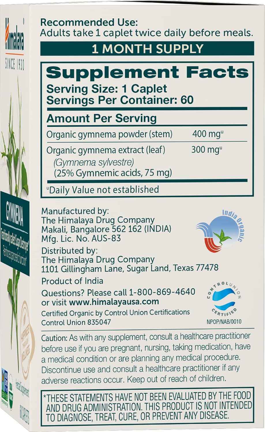 Organic Gymnema Herbal Supplement - USDA Certified, Non-GMO, 700mg, 60 Plant-Based Caplets, 30 Day Supply by Himalaya