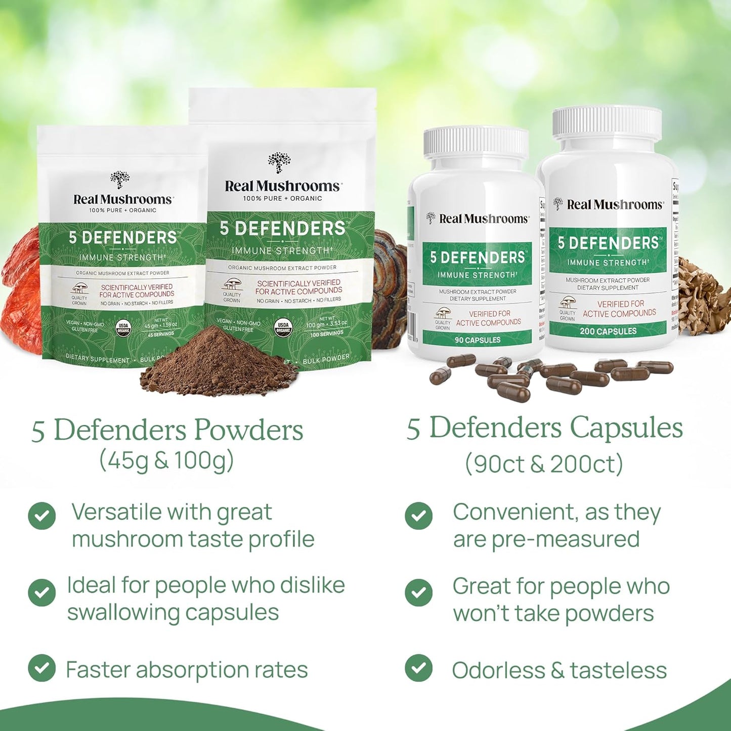 bundle-of-5-defenders-mushroom-capsules-for-humans-and-pets---immune-strength-and-wellbeing---chaga-shiitake-maitake-turkey-tail-reishi---vegan-non-gmo---200ct-90ct-5