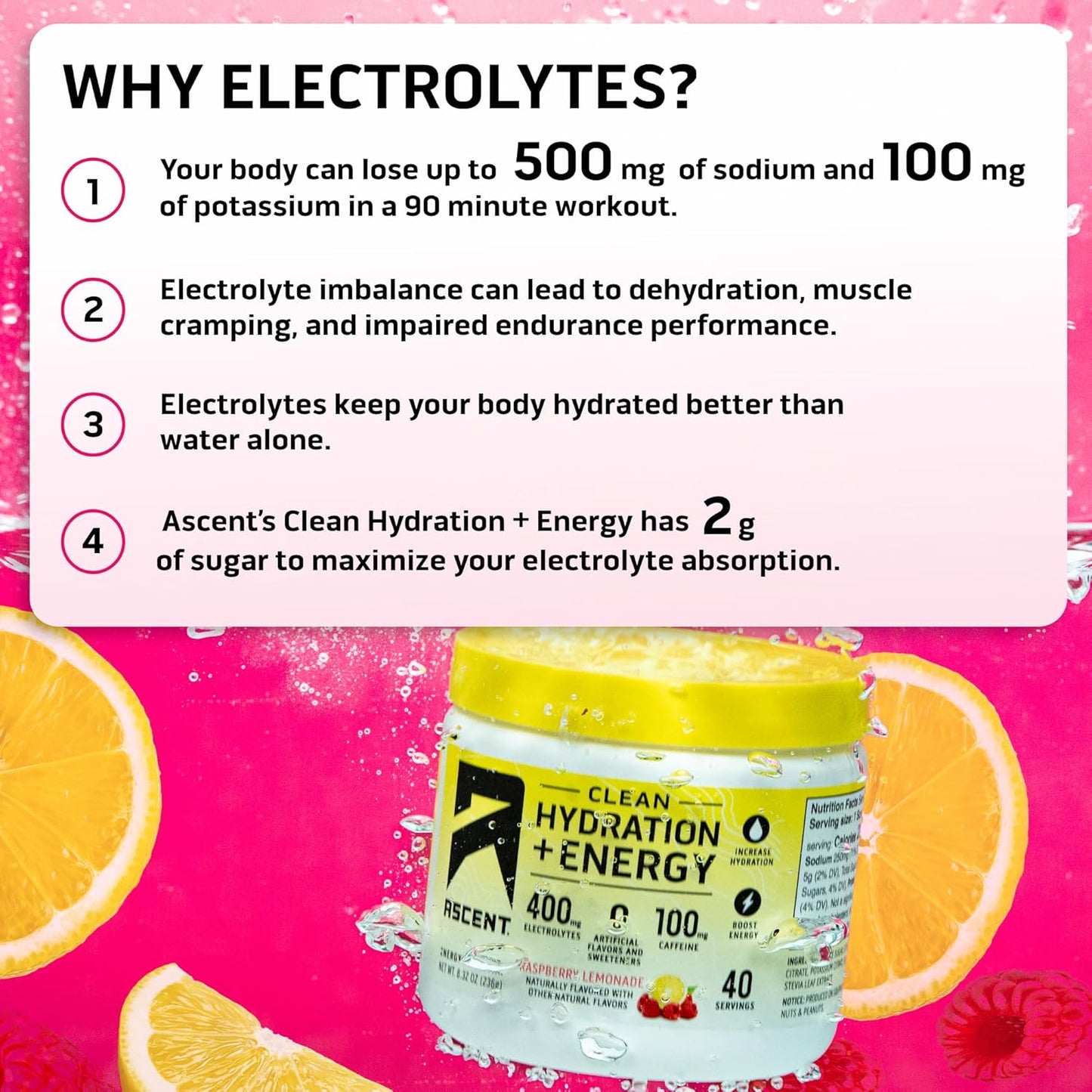Ascent Clean Hydration + Energy Electrolytes Powder - Raspberry Lemonade Flavor with 100mg Caffeine and 400mg Electrolytes - No Artificial Ingredients - 40 Servings - Espot.com.au