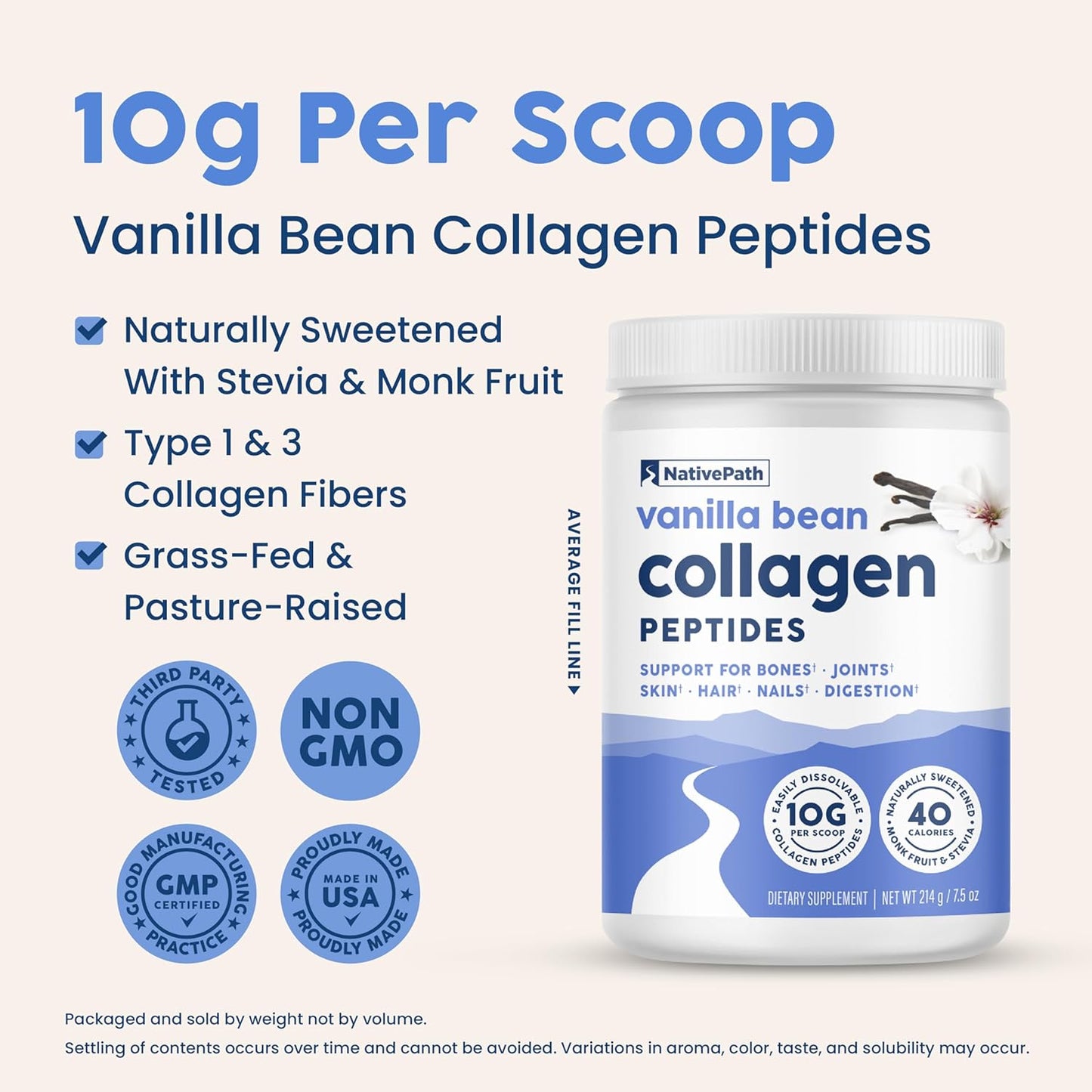 vanilla-bean-collagen-peptides-powder---grass-fed-type-1-3-hydrolyzed-protein-for-hair-skin-nails-bones-joints-digestion---keto-paleo-friendly-gluten-and-dairy-free-214g-4
