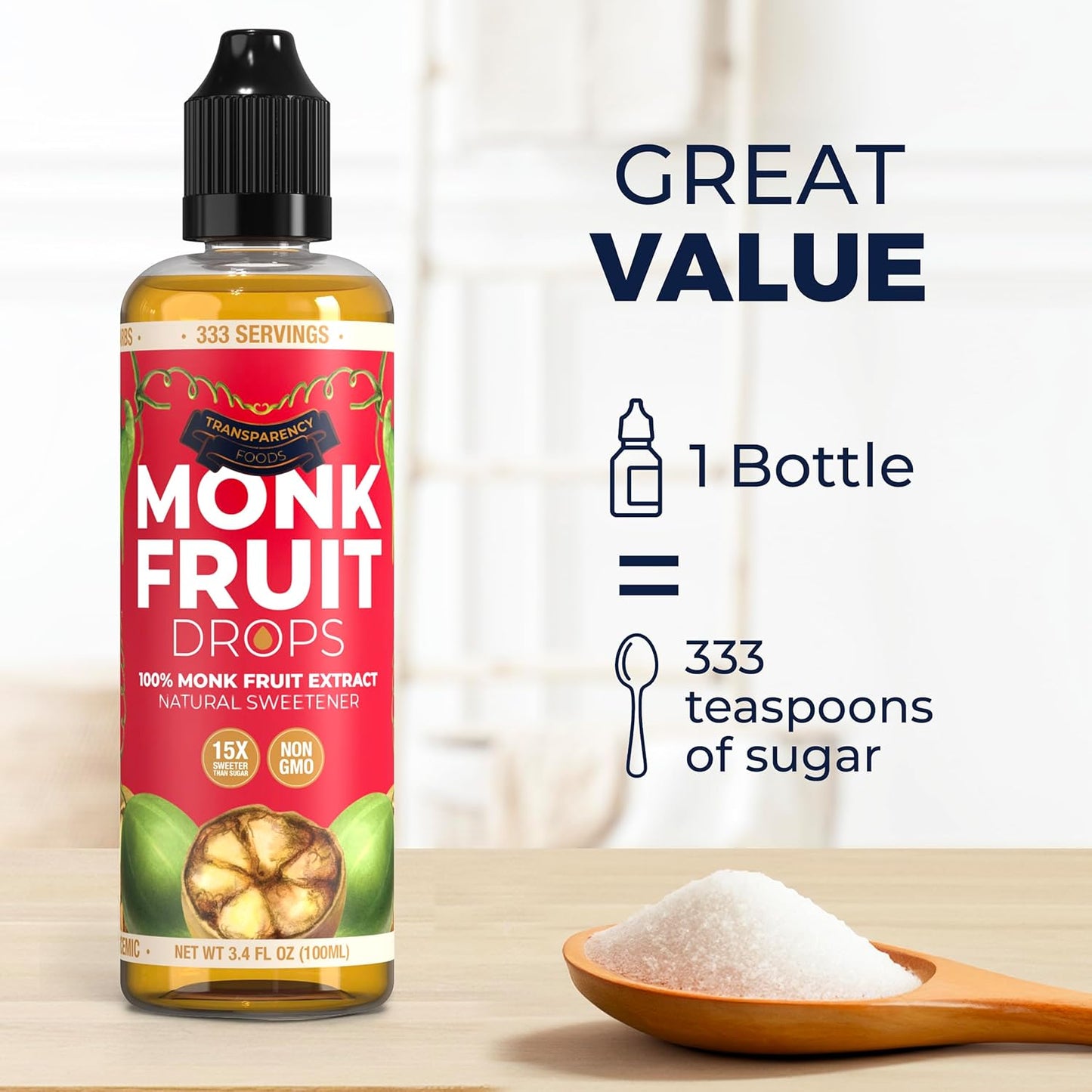 Liquid Monk Fruit Sweetener - 100% Pure Extract (6 Drops = 1 Tsp Sugar) Non-GMO, Zero Calories, No Fillers - No Erythritol - Transparency Foods (3.4oz, 333 Servings) - Espot.com.au