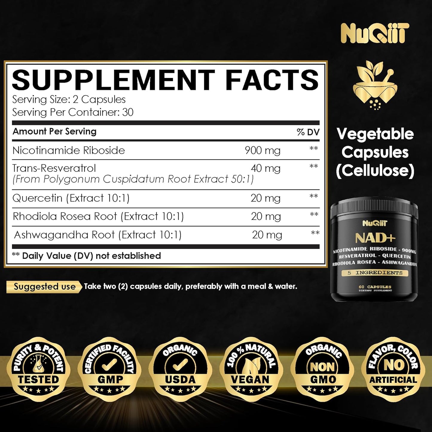 NUQIIT NAD+ Supplement 900mg with Resveratrol, Quercetin, Turmeric, Rhodiola Rosea - Cellular Energy & Repair for Vitality and Healthy Aging - 60 Count - Espot.com.au