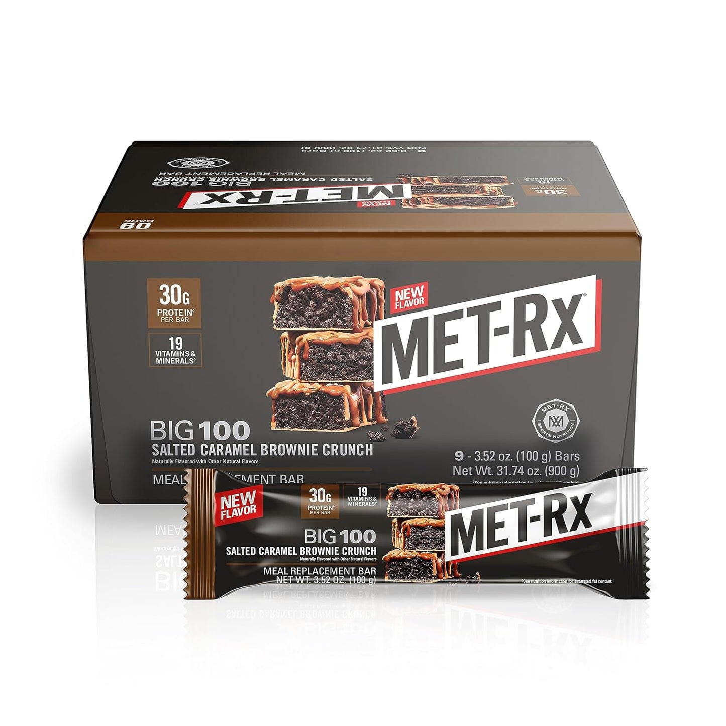 MET-Rx Big 100 Protein Bar, Salted Caramel Brownie Crunch, 30g Protein, Meal Replacement, 9 Count - Espot.com.au
