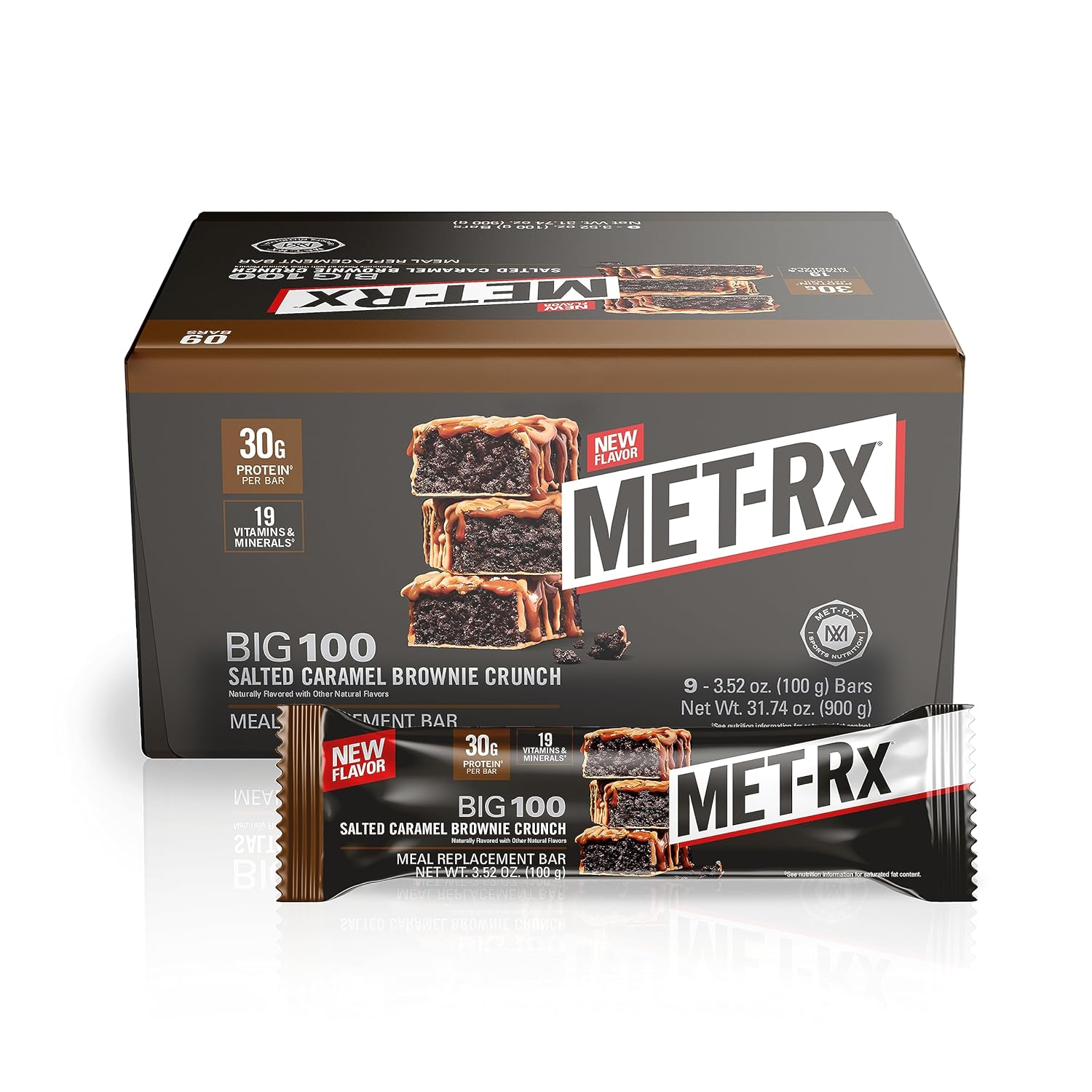 MET-Rx Big 100 Protein Bar, Salted Caramel Brownie Crunch, 30g Protein, Meal Replacement, 9 Count - Espot.com.au