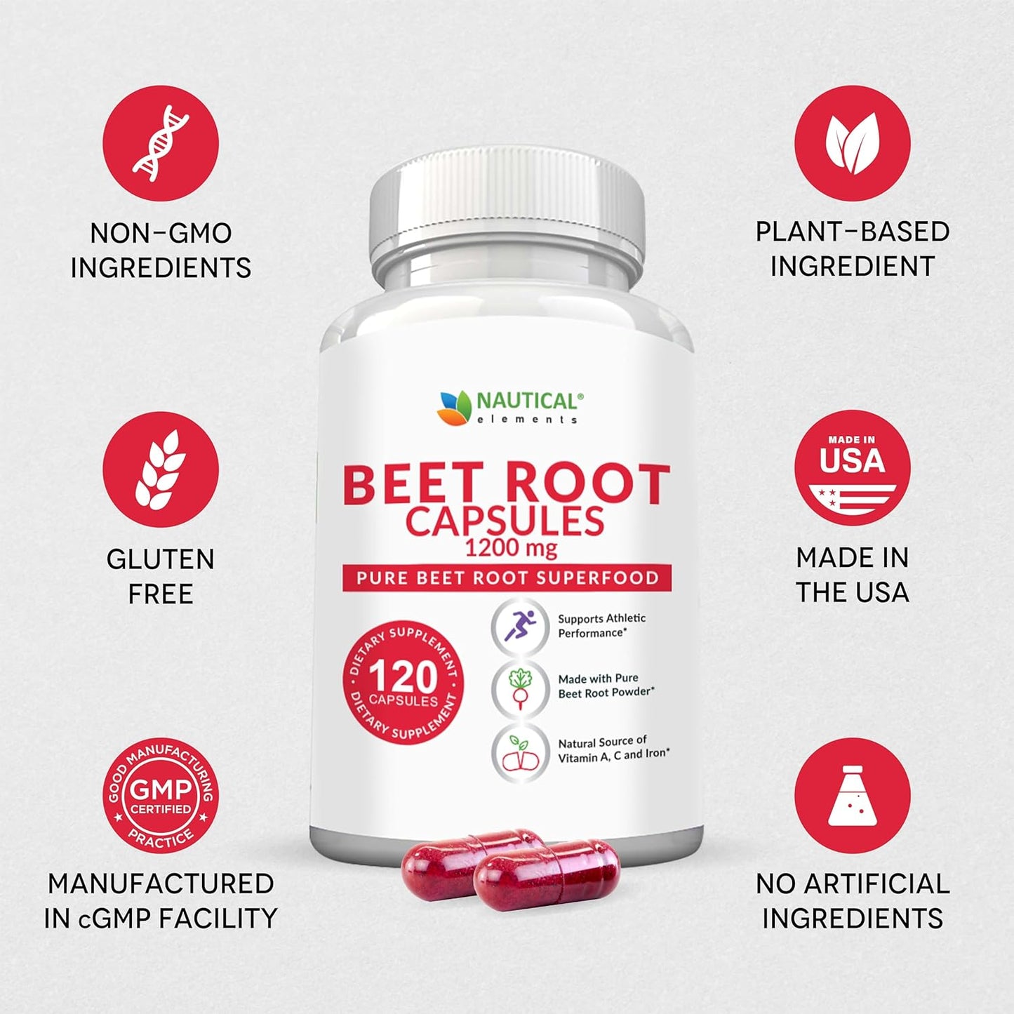 1200mg Nautical Elements Beet Root Capsules - Supports Blood Pressure, Athletic Performance, Digestive & Immune System - Pure, Non-GMO & Gluten Free - 120 Capsules - Espot.com.au
