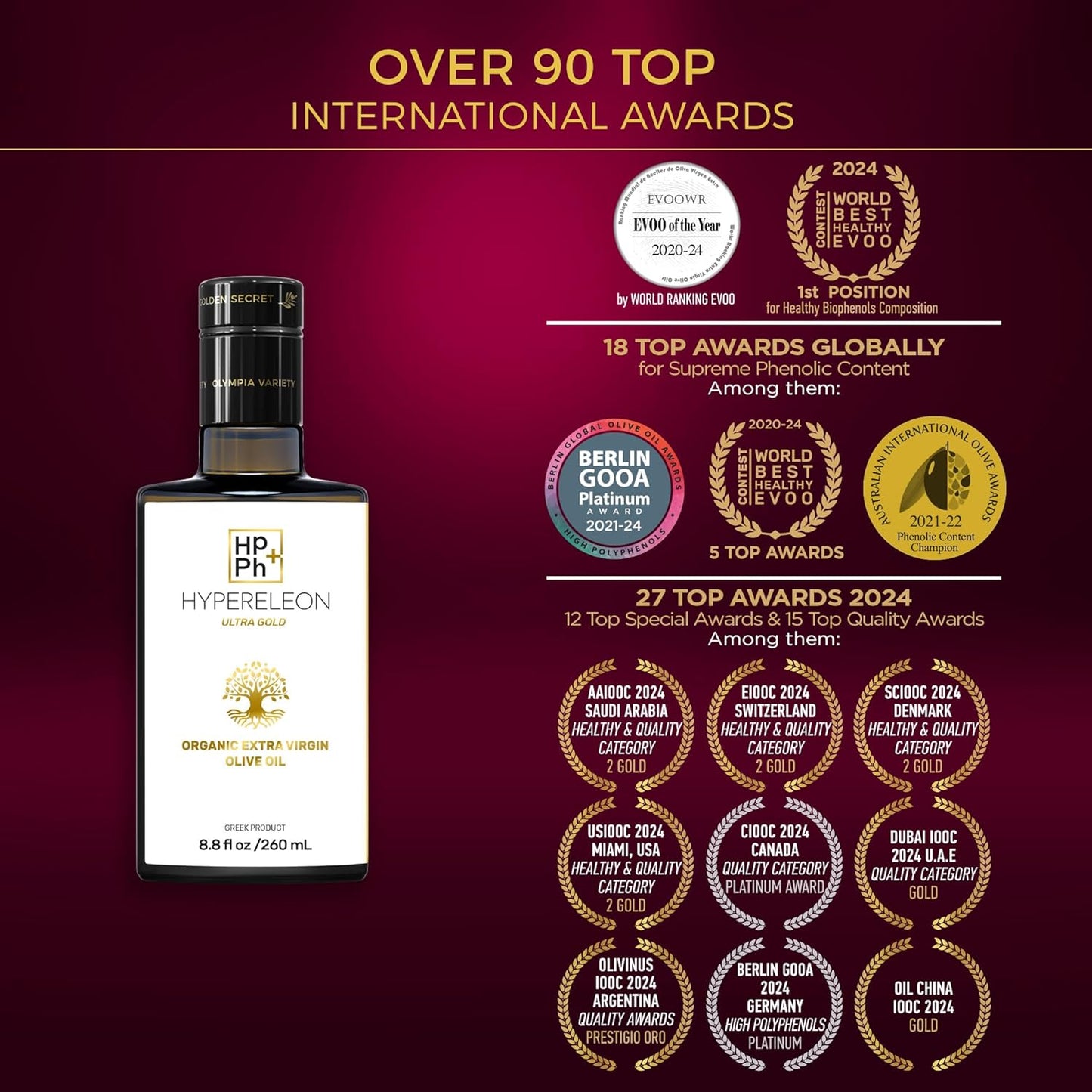 Premium Organic Greek Extra Virgin Olive Oil | G-Team Hypereleon Ultra Gold | High Phenolic | 100% Pure & Natural | Bio & Unfiltered | 65 Awards | 260ml (6 Pack) - Espot.com.au
