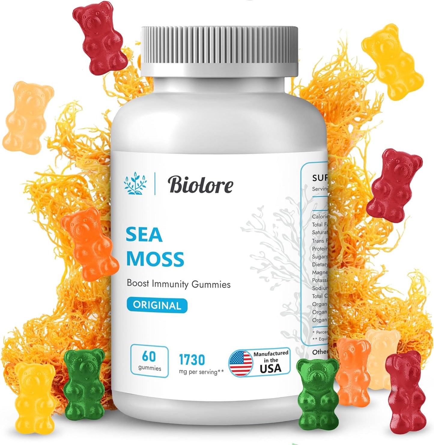 Organic Sea Moss Gummies with Irish Sea Moss, Burdock Root, Bladderwrack, 60 Pieces for Immune Support - Espot.com.au