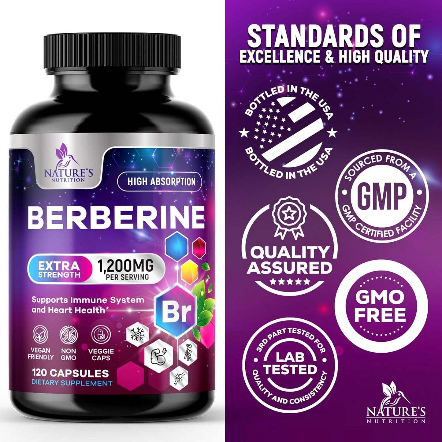 High Absorption Berberine Supplement for Heart Health & Immune Support - 1200mg Berberine HCL Pills with Gluten-Free Formula - 120 Veg Capsules by Nature's Nutrition - Espot.com.au