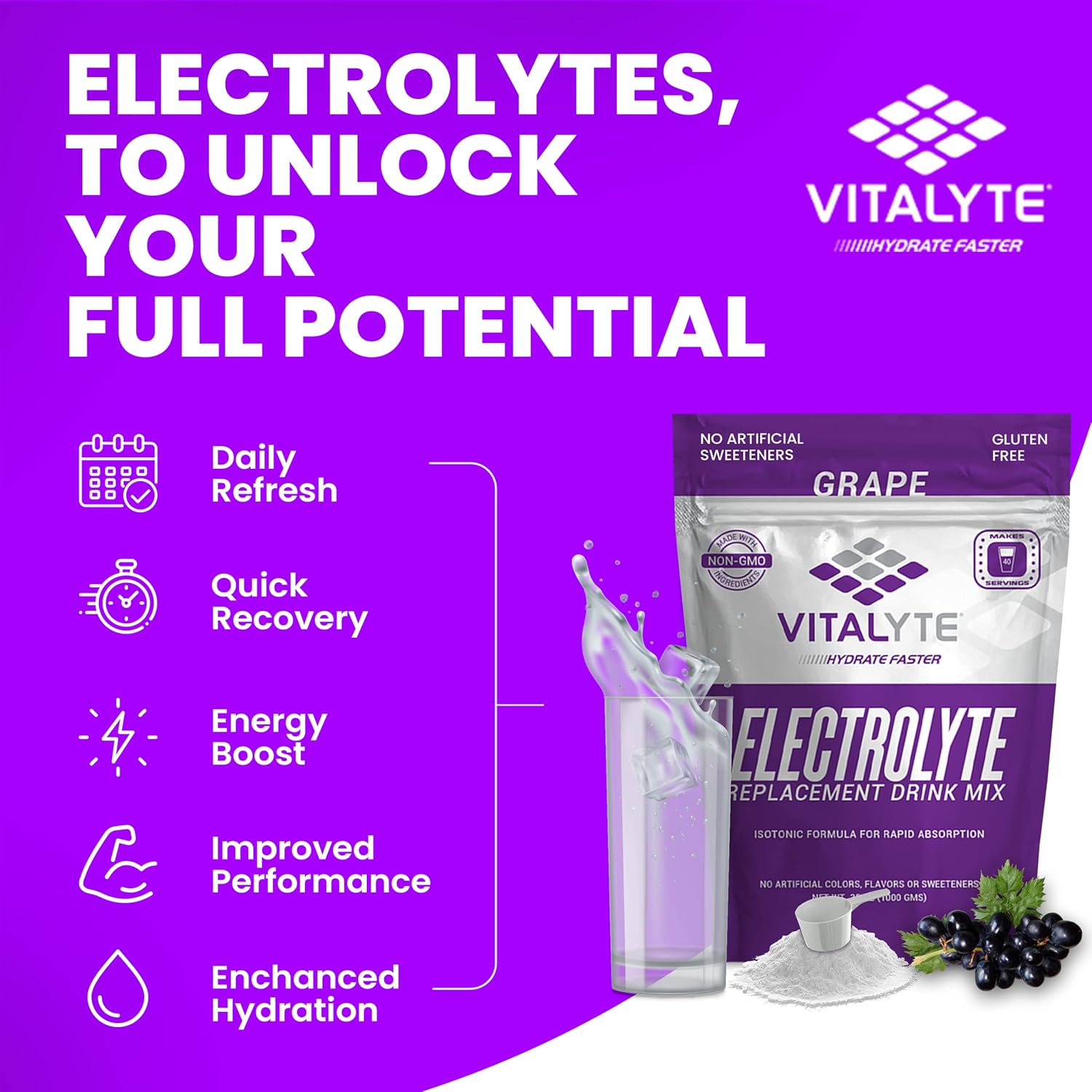 Isotonic Electrolyte Hydration Powder Mix, Grape Flavor, 35 oz - Gluten-Free Post Workout Drink Mix with Vitalyte Electrolytes - Espot.com.au