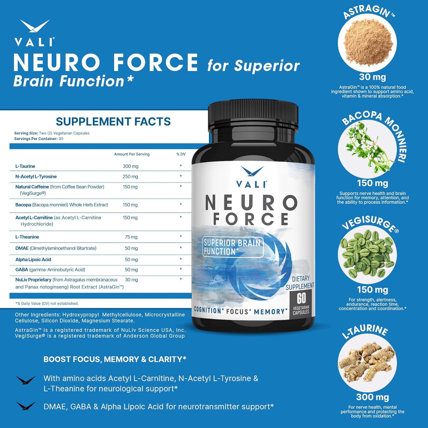 Extra Strength Brain Booster Supplement for Focus, Memory, Clarity & Energy - Nootropic Cognitive Function Support with Natural Caffeine - 60 Veggie Capsules - Espot.com.au