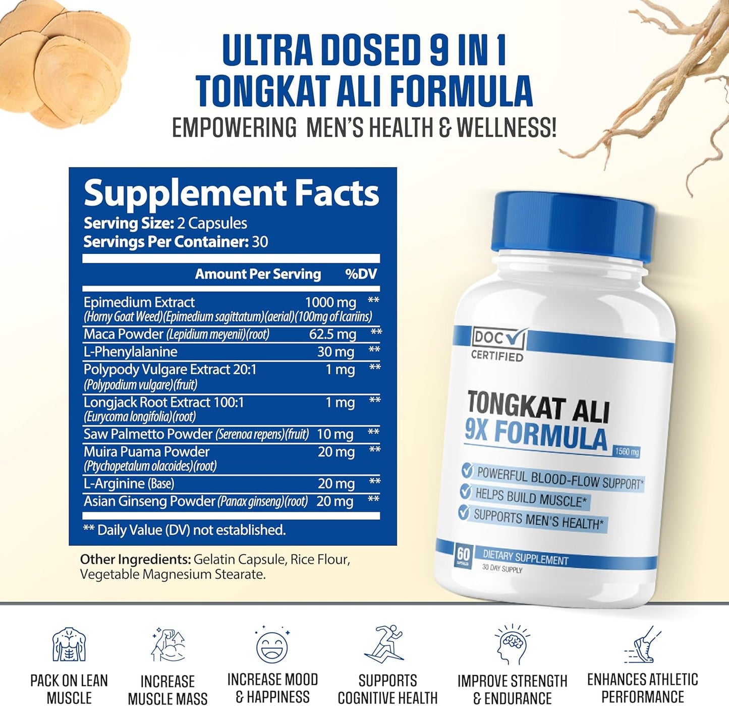 EPN Supplements 9-in-1 Tongkat Ali Capsules | Premium Certified Formula for Maximized Blood Flow, Mood, and Stamina | Potent Blend of 9 Ingredients | 3rd Party Tested, USA Made - 60 Capsules - Espot.com.au