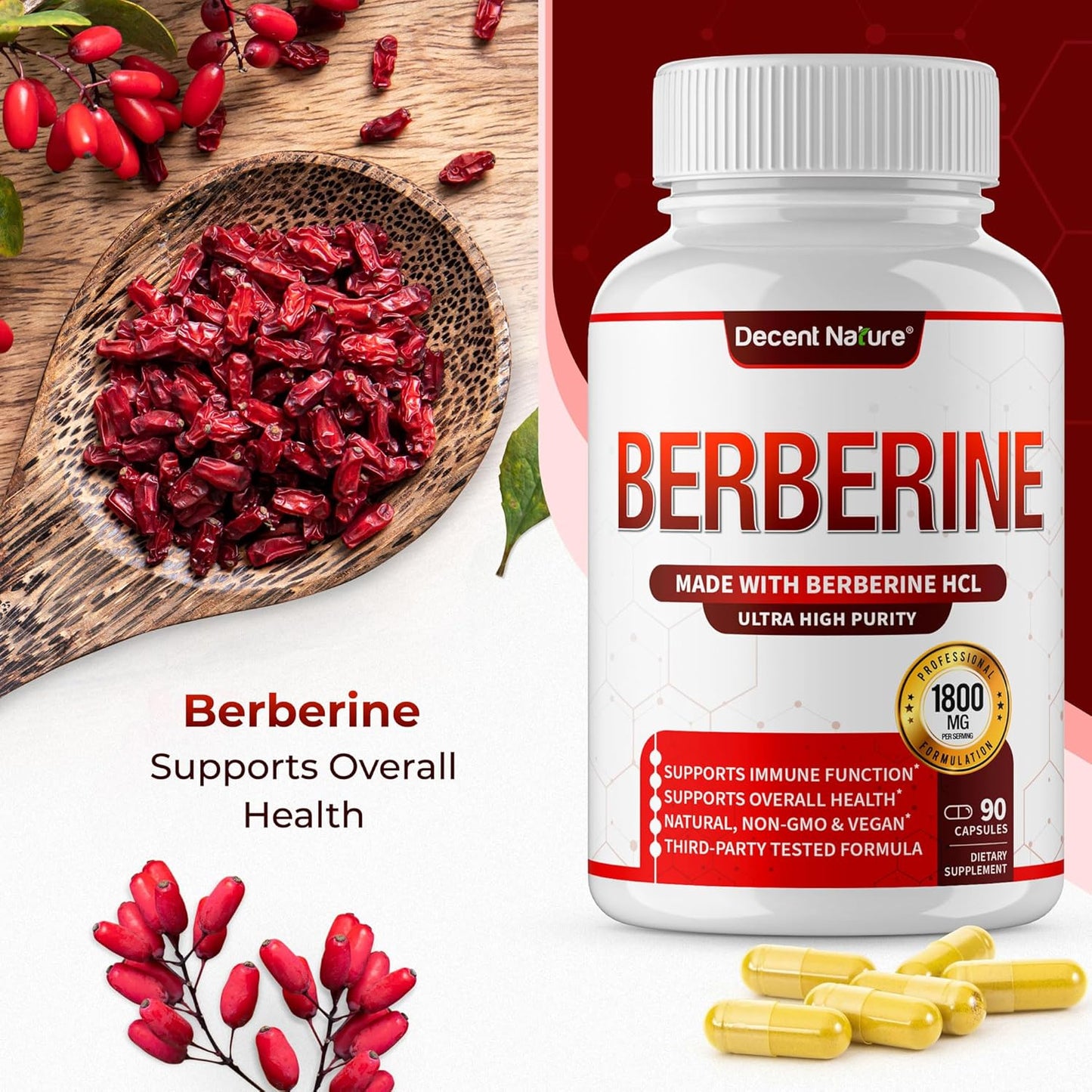 High Potency Berberine HCl Supplement - 1800mg Berberine Plus for Immune Support - 97% Purity, Non-GMO, Vegan - 90 Capsules for Men and Women - Espot.com.au