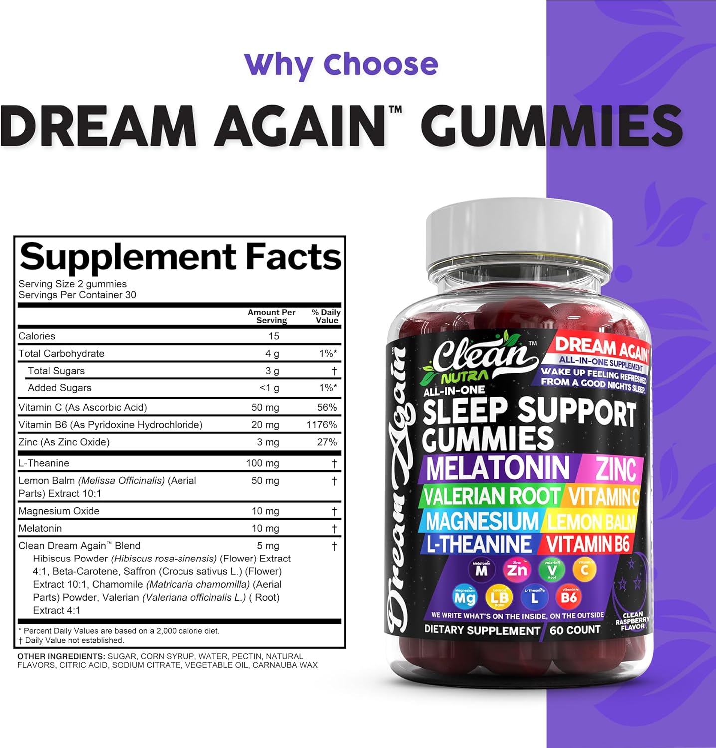 Clean Nutra Dream Again Sleep Aid Gummies with Melatonin, Valerian Root, L-Theanine, Vitamin B6, Lemon Balm, and More - Raspberry Flavored Rest Support Supplement - Espot.com.au
