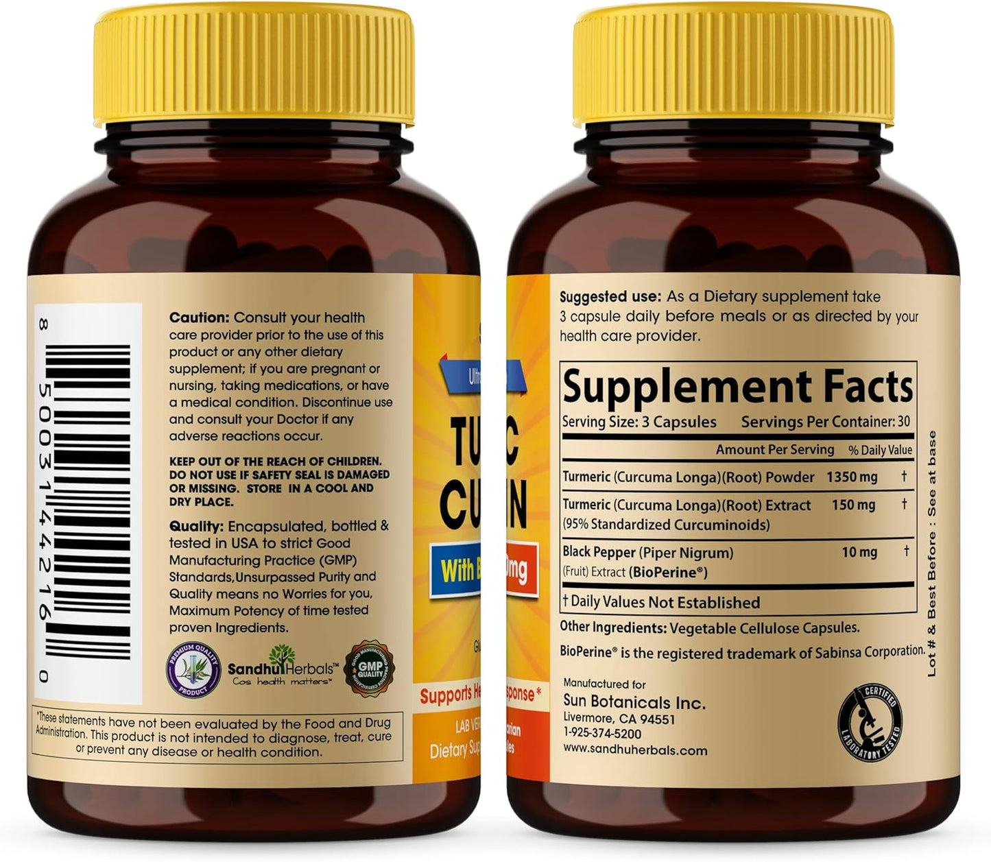 Sandhu Herbals Turmeric Curcumin Supplement - 90 Capsules, 1500mg with 95% Curcuminoids for Immune & Joint Support - Made in USA - Espot.com.au