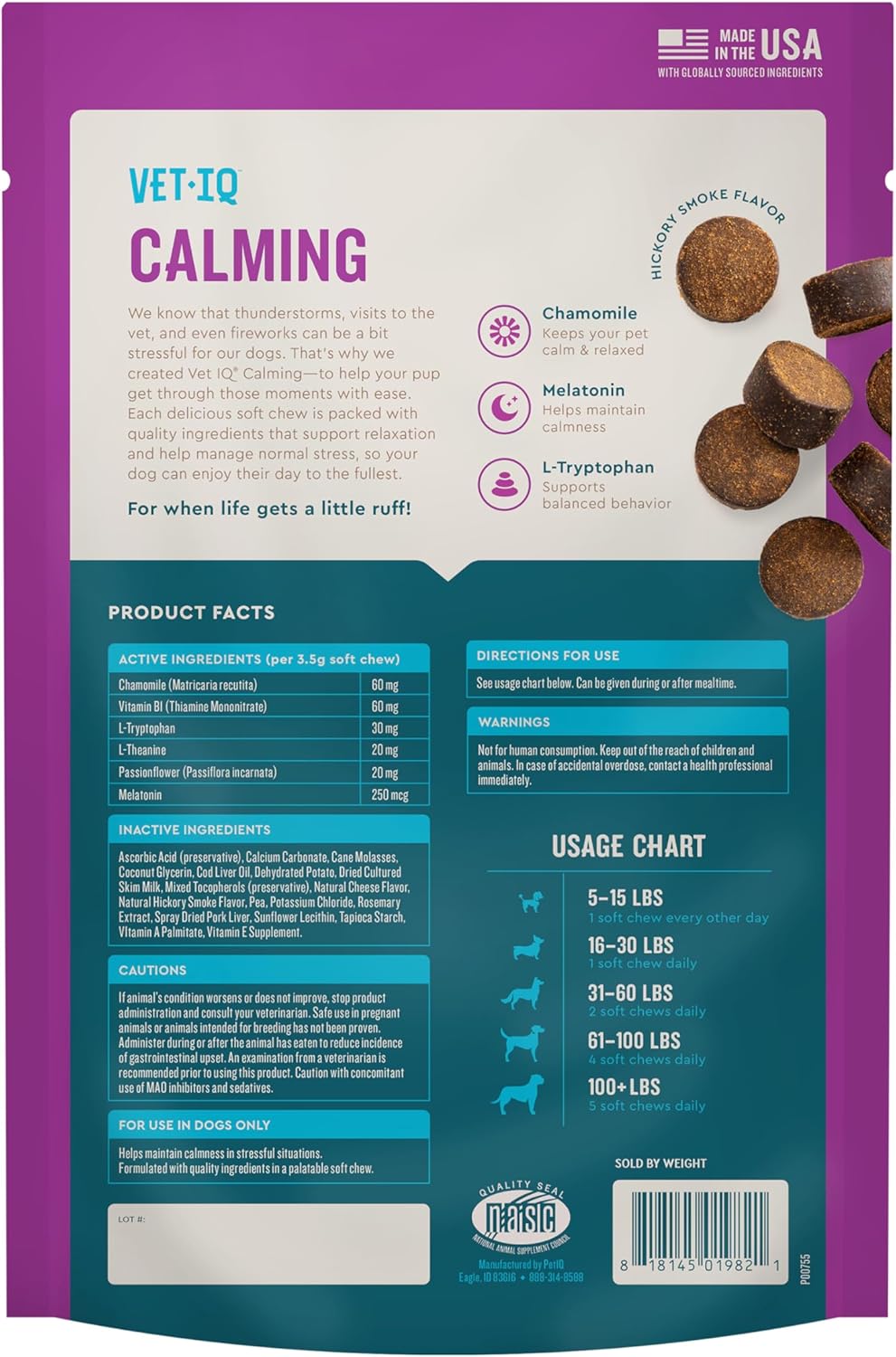 USA-Made VetIQ Calming Chews for Dogs, 60 Count - Stress & Anxiety Relief Supplement to Promote Relaxation & Manage Anxiety - Espot.com.au