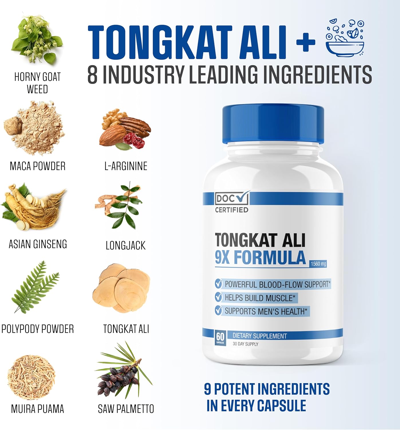 EPN Supplements 9-in-1 Tongkat Ali Capsules | Premium Certified Formula for Maximized Blood Flow, Mood, and Stamina | Potent Blend of 9 Ingredients | 3rd Party Tested, USA Made - 60 Capsules - Espot.com.au