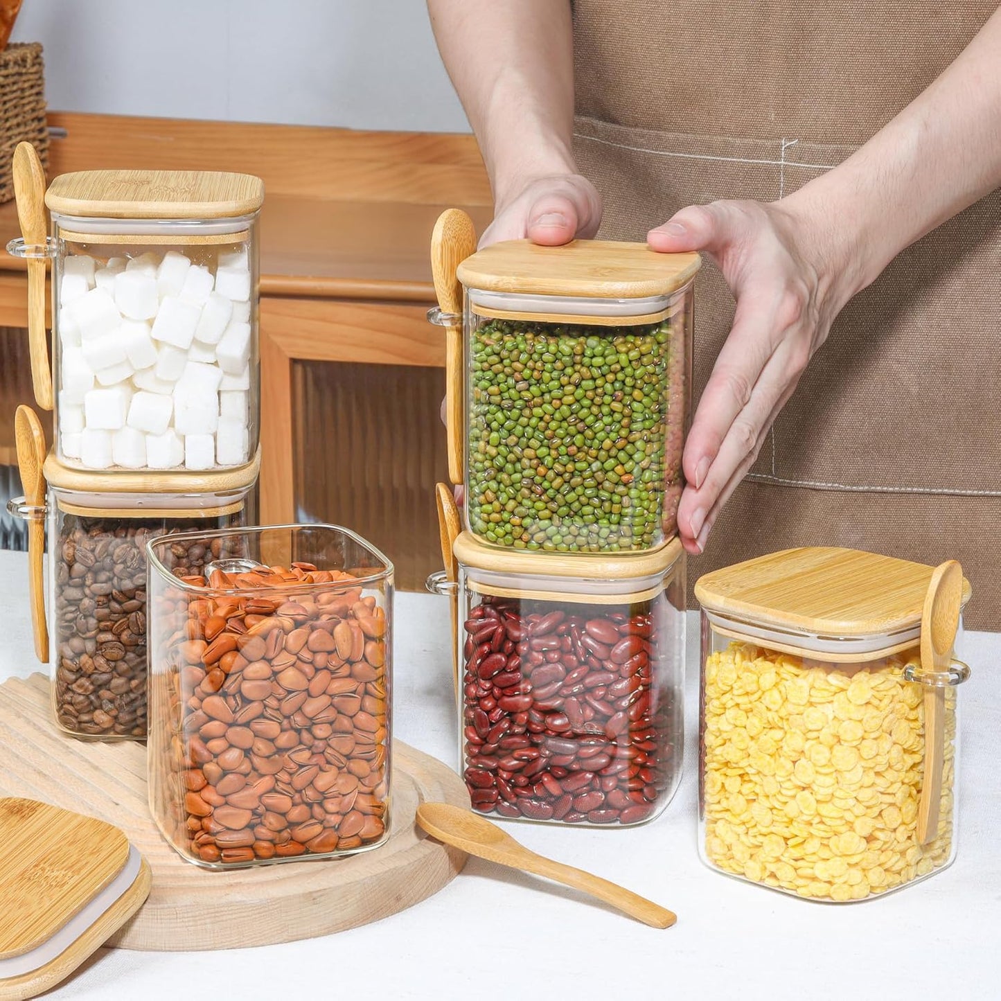 set-of-4-airtight-glass-storage-canisters-with-wood-and-bamboo-lids---square-containers-for-noodles-flour-sugar-tea-coffee---50oz-and-31oz-jars-with-spoons---kitchen-organization-solution-6