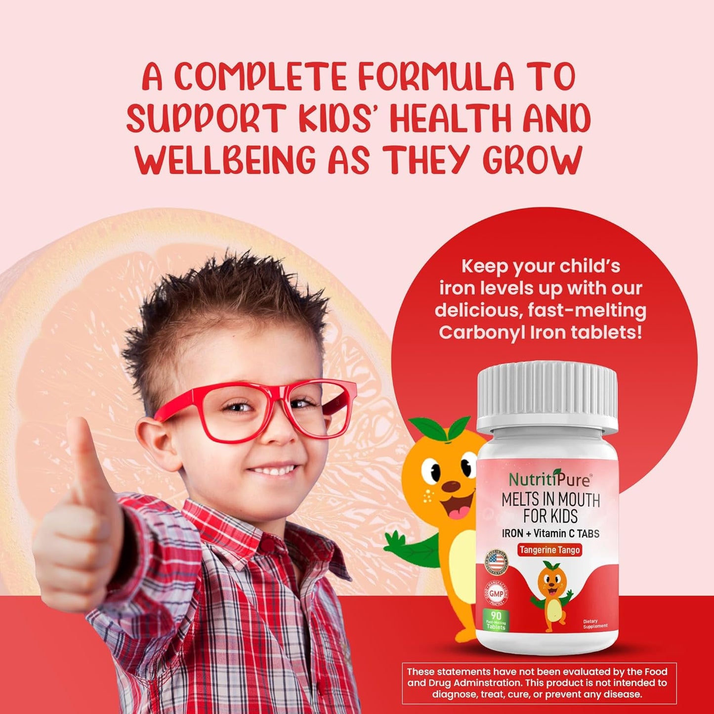 NutritiPure Kids Chewable Iron Supplements with Vitamin C - 90 Tablets, Tangerine Tango Orange Flavor, 9mg Ferronyl/Carbonyl Iron - Pediatric Iron Supplement - Espot.com.au