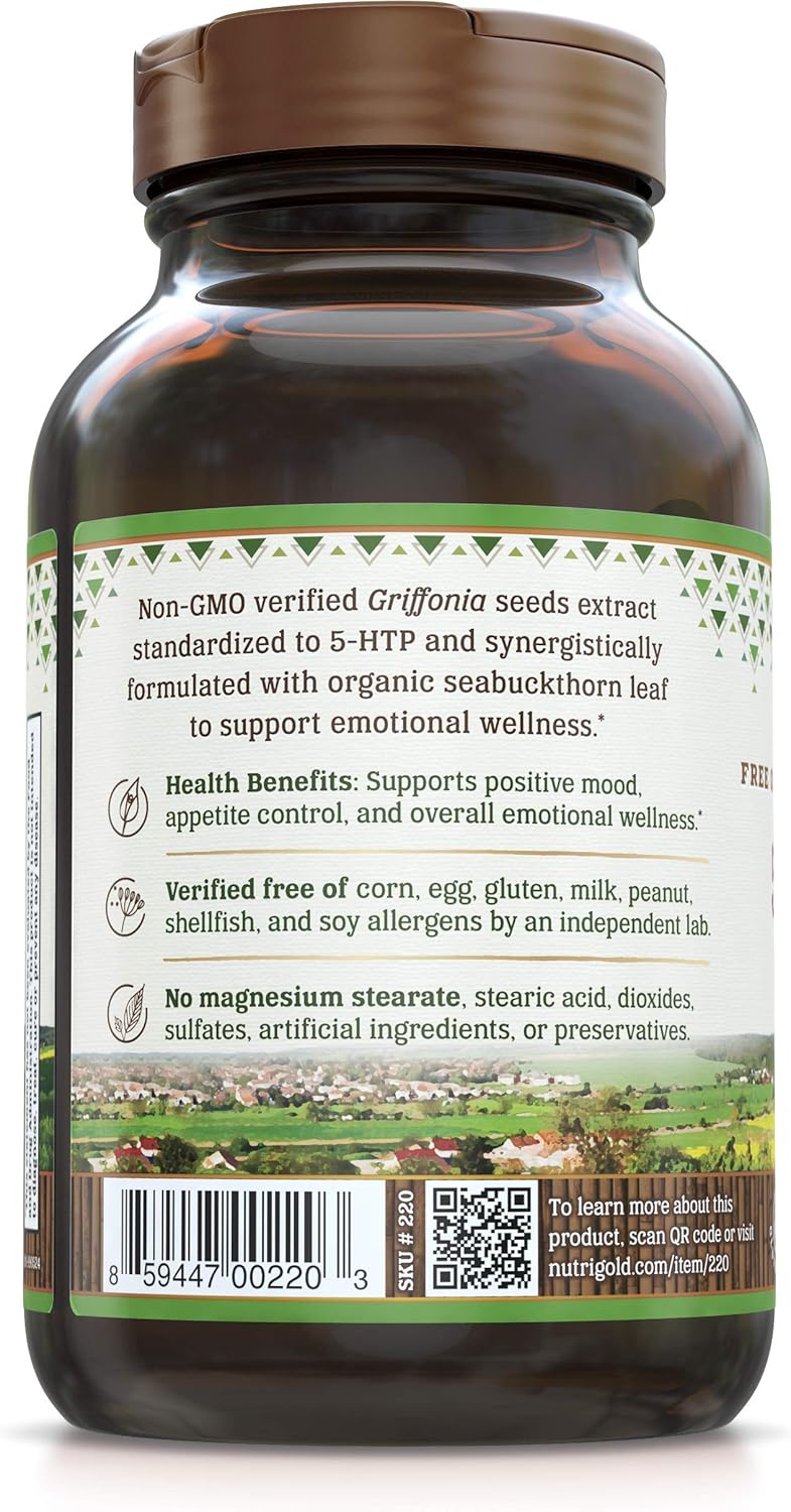 Nutrigold 5-HTP 100mg - 120 Vegetarian Capsules, Pure Extract Free of Peak-X, GMOs, & Allergens - High Quality Supplement - Espot.com.au