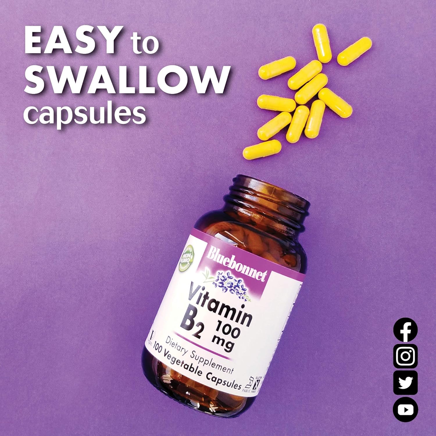 Bluebonnet Nutrition Vitamin B2 100 mg Capsules - Cardiovascular & Nervous System Support - Soy-Free, Gluten-Free, Kosher, Dairy-Free, Vegan - Non-GMO - 100 ct. - Espot.com.au