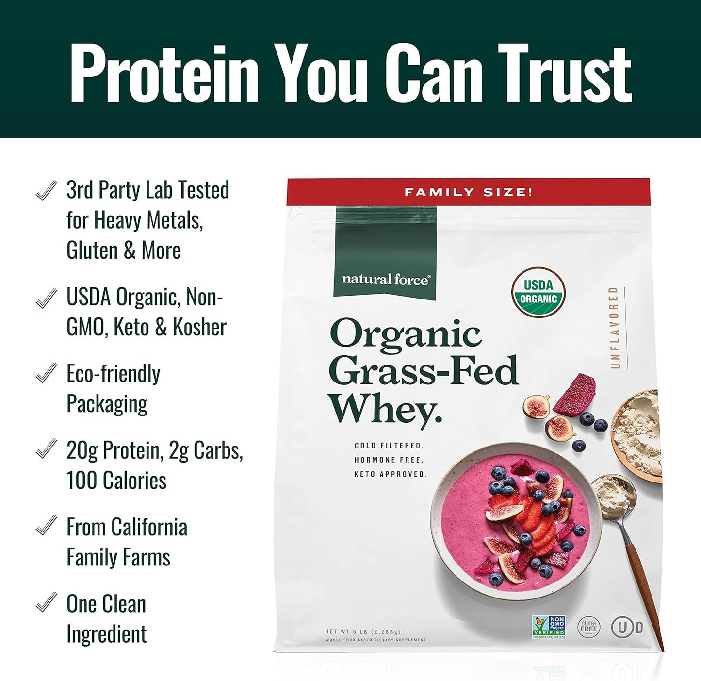 Organic Grass-Fed Whey Protein Powder - Non GMO, Humane Certified, Lab Tested - Pure & Unflavored - Keto, Low Carb, Kosher - 5lb A2 Protein - Espot.com.au