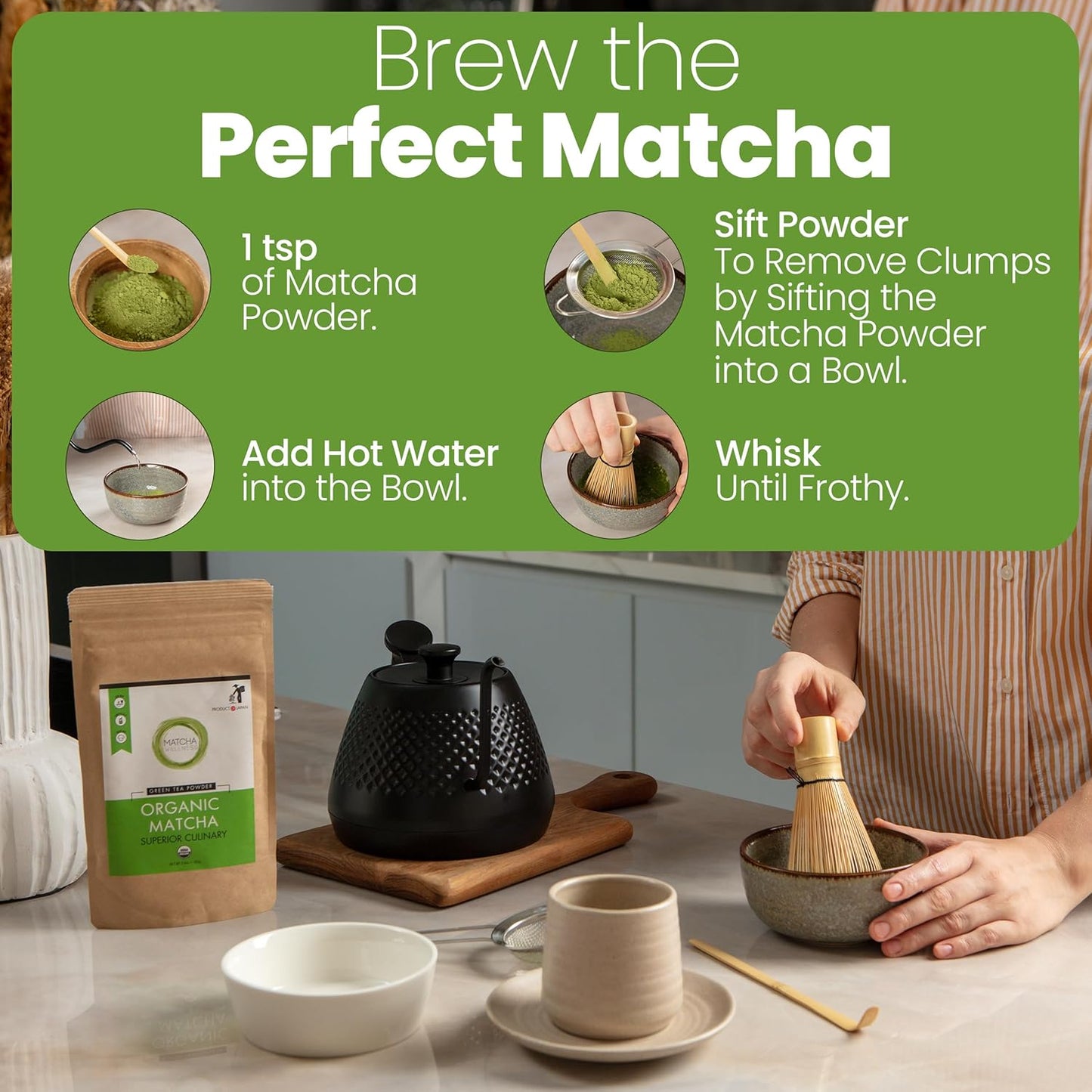 Premium Eco Heed Organic Japanese Matcha Green Tea Powder - Stone Ground Culinary Grade - Additive-Free - 3.5oz Pack - Espot.com.au