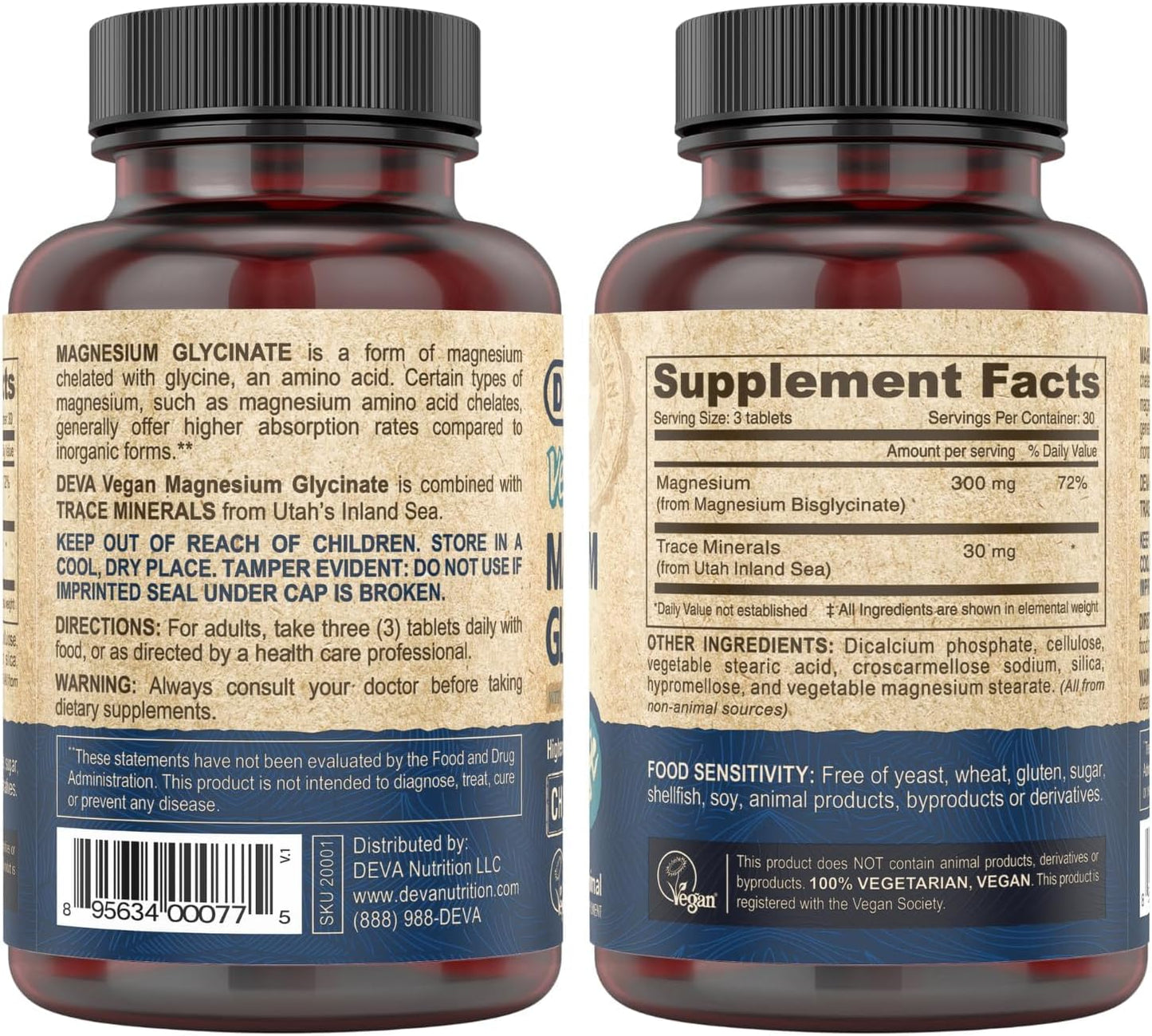 High Absorption DEVA Vegan Magnesium Glycinate Tablets - 300mg per Serving with Trace Minerals - Chelated Magnesium for Better Bioavailability - 90 Tablets - Espot.com.au