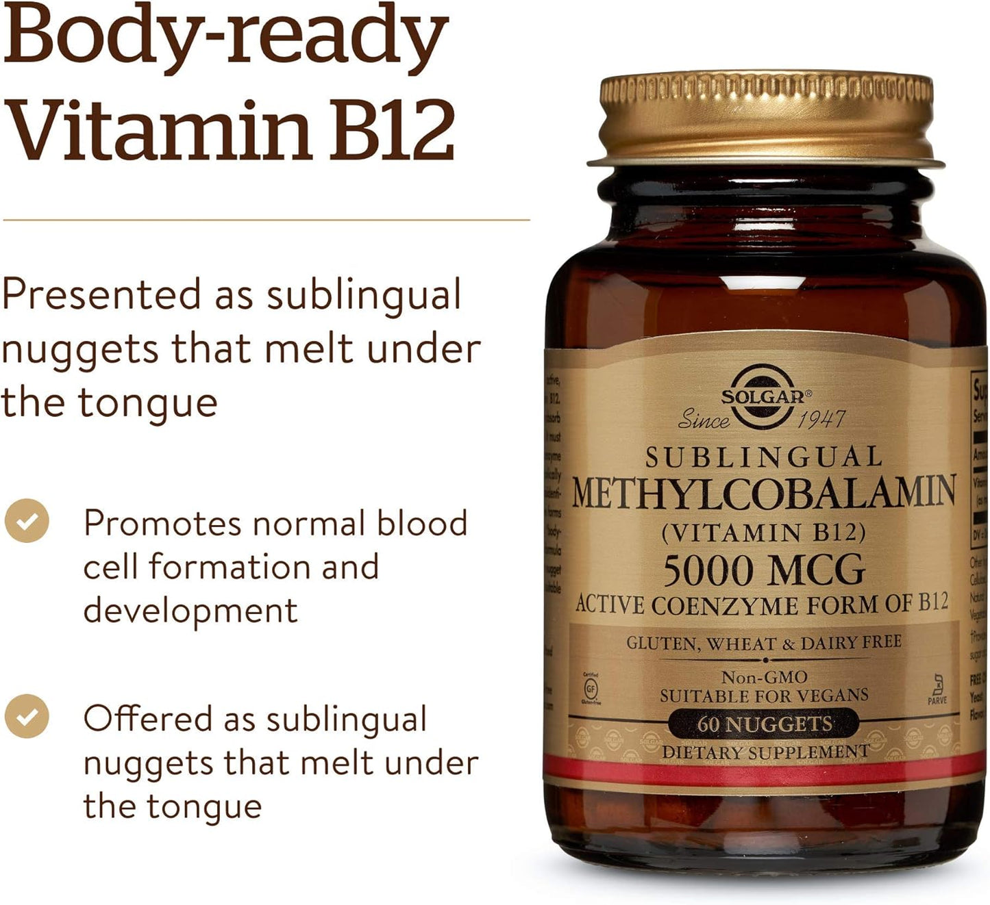 Solgar Methylcobalamin B12 5000 mcg Nuggets - Energy Support, Active B12 Form, Non-GMO, Vegan, Gluten & Dairy Free - 60 Count - Espot.com.au