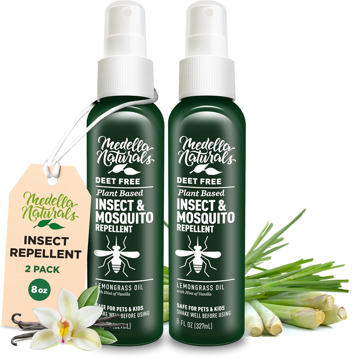 Medella Naturals Deet-Free Insect Repellent Bundle (2-Pack, 8 oz) - Pleasant Lemongrass Scent, Safe for Pets & Kids - Effective Bug Spray for Mosquitoes, Gnats, Black Flies, No-See-ums - Espot.com.au