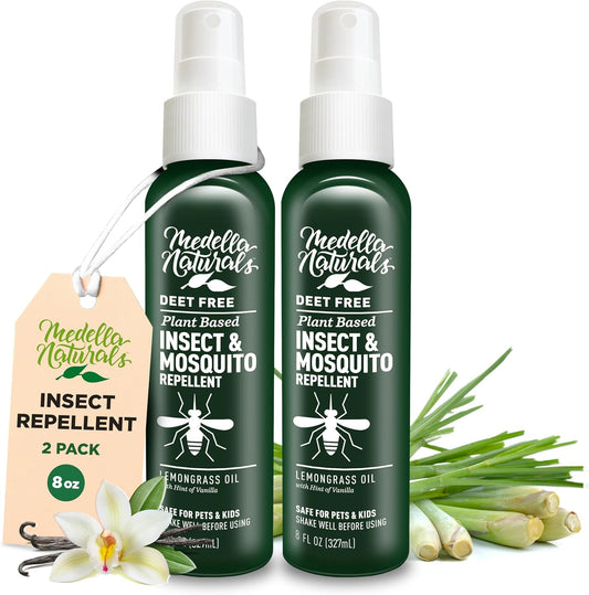Medella Naturals Deet-Free Insect Repellent Bundle (2-Pack, 8 oz) - Pleasant Lemongrass Scent, Safe for Pets & Kids - Effective Bug Spray for Mosquitoes, Gnats, Black Flies, No-See-ums - Espot.com.au
