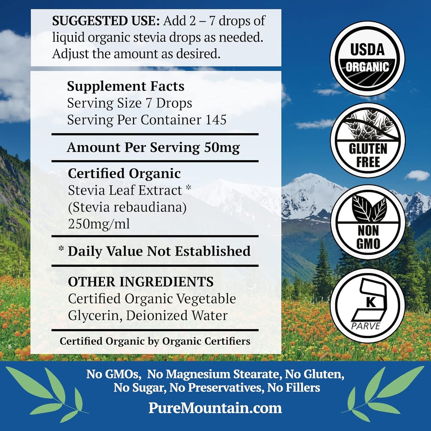 Organic Liquid Stevia Sweetener - Alcohol-Free & Kosher, Sugar Substitute Drops in 1oz Glass Bottle by Pure Mountain Botanicals - Espot.com.au