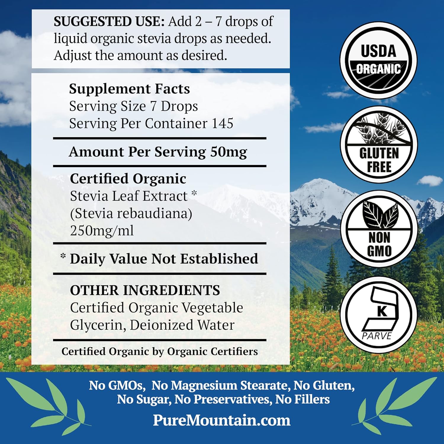 Organic Liquid Stevia Sweetener - Alcohol-Free & Kosher, Sugar Substitute Drops in 1oz Glass Bottle by Pure Mountain Botanicals - Espot.com.au