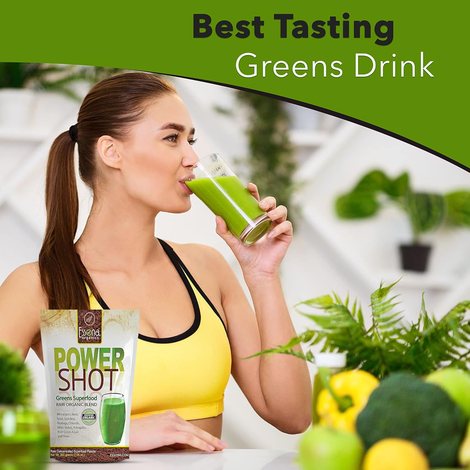 Essona Organics Power Shot Greens Superfood Blend - 100% Pure Raw Organic Vegan - Spirulina, Chlorella, Wheat Grass, Blue-Green Algae, Kale - 60 Servings, 180g Powder - Order Now - Espot.com.au