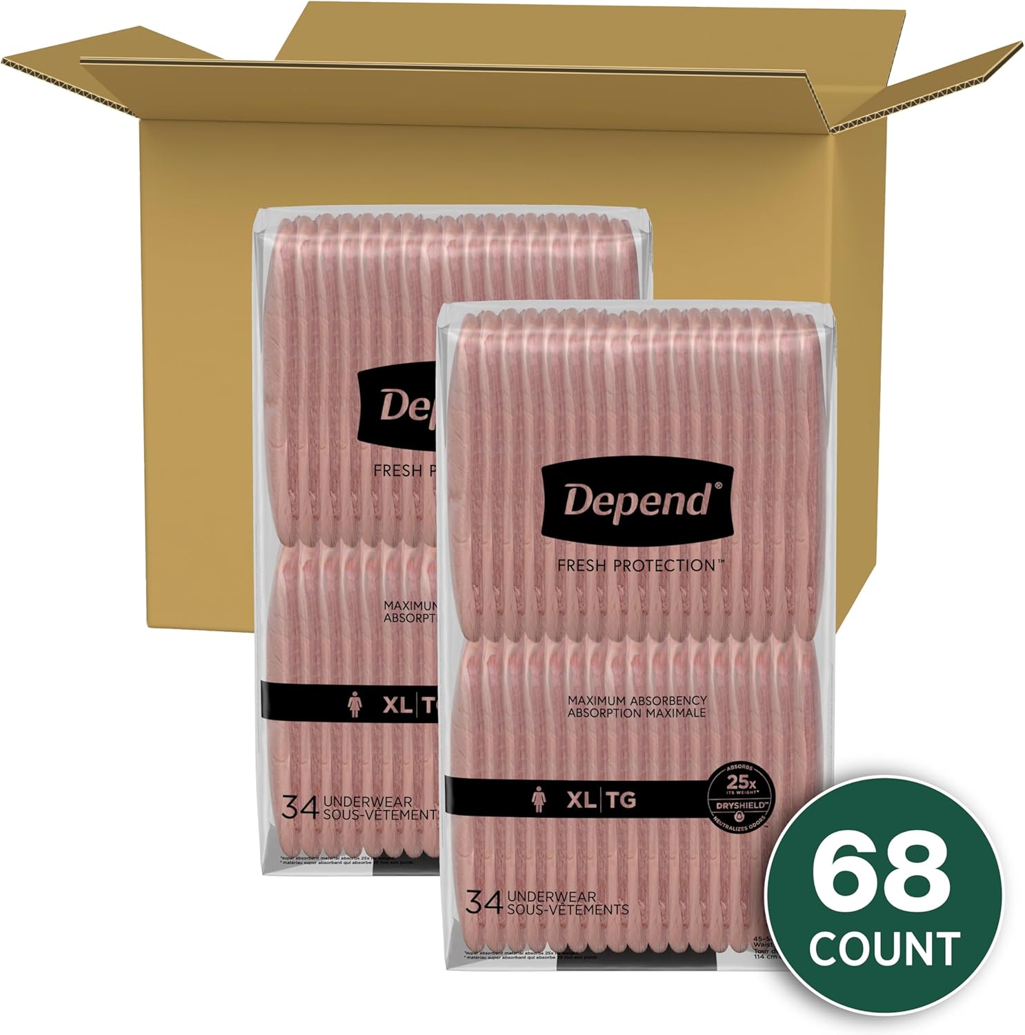 Disposable Incontinence Underwear for Women, Maximum Protection, Extra-Large, Blush, 68 Count - 2 Packs of 34 - Espot.com.au