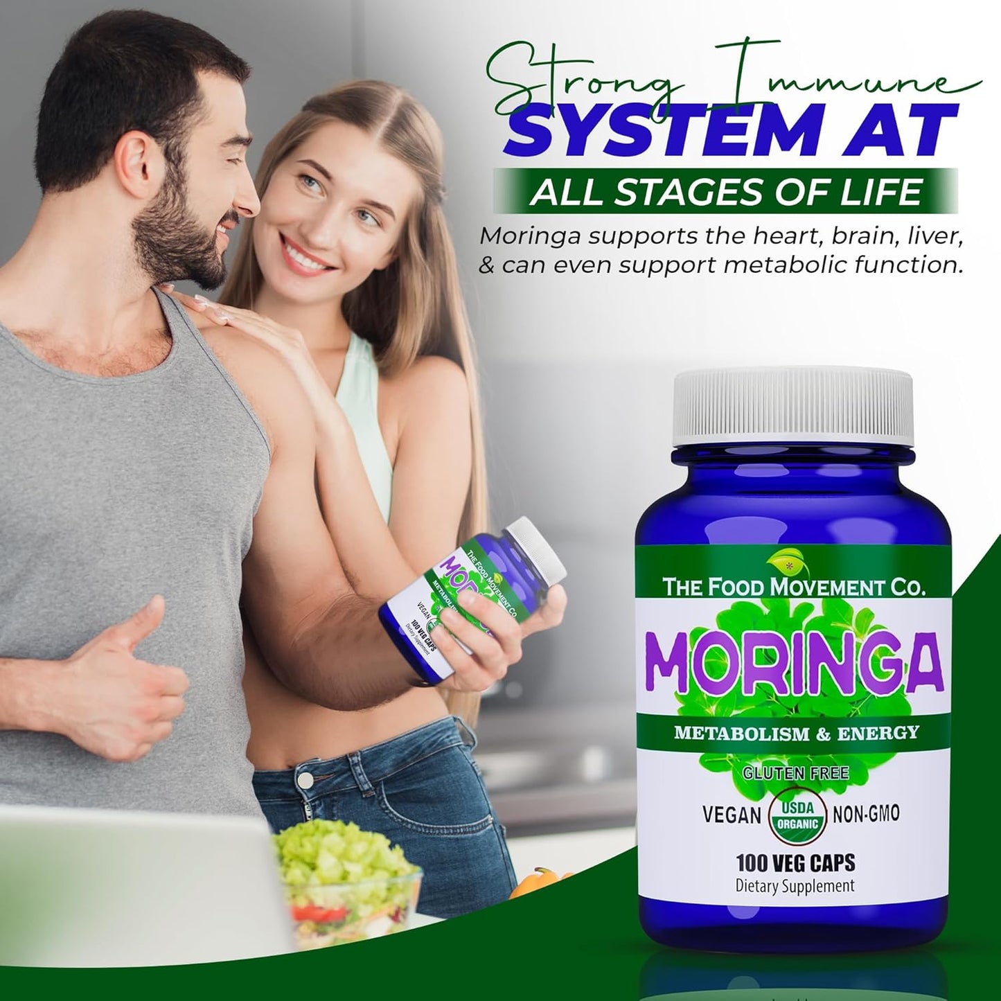 Certified Organic Moringa Superfood Capsules for Whole Body Wellness with Natural Energy Support - 100 Vegan Capsules - Espot.com.au