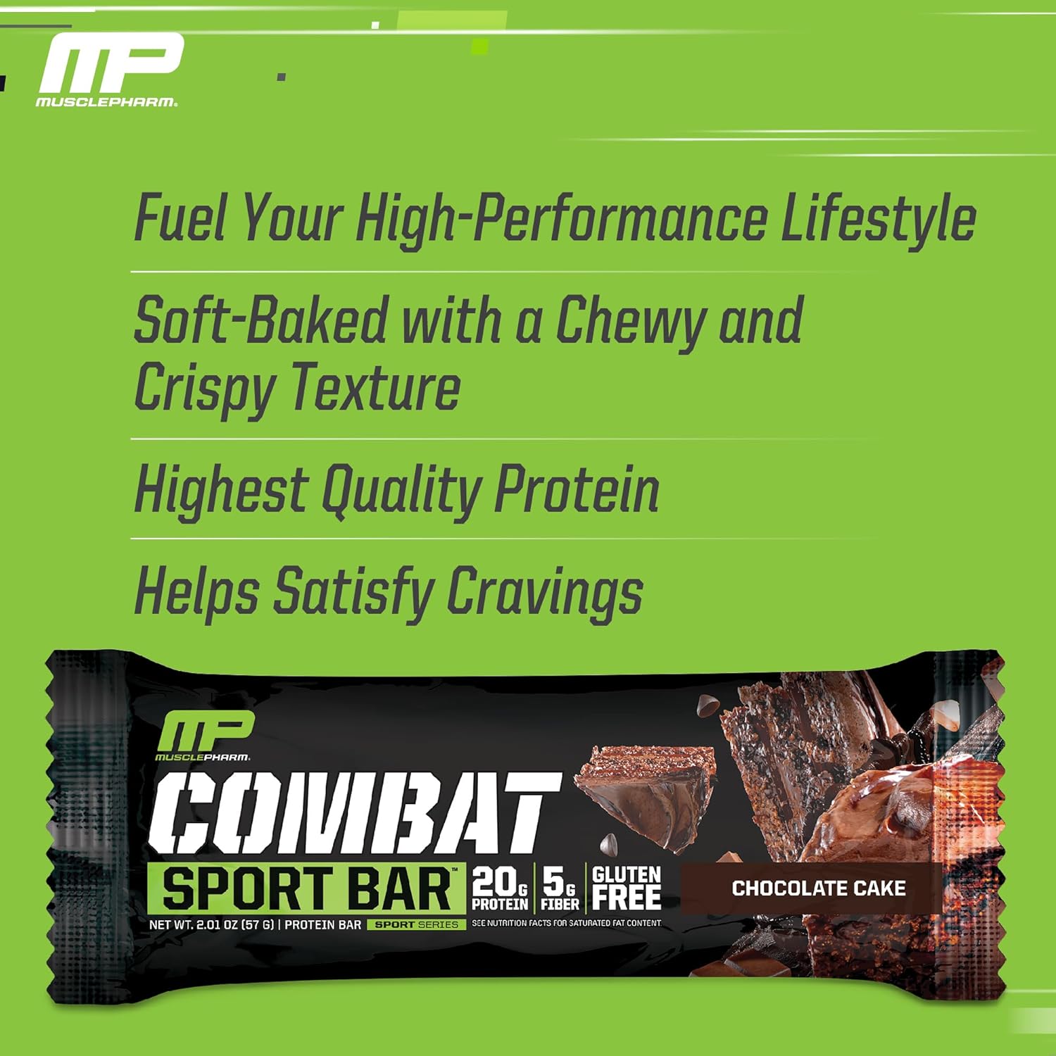 Muscle Pharm Combat Sport Bar, Chocolate Cake Flavor - High Protein Bars with 20g Whey Protein, 5g Fiber, Gluten Free 12 Bars - Combat Cravings & Fuel Performance - Espot.com.au