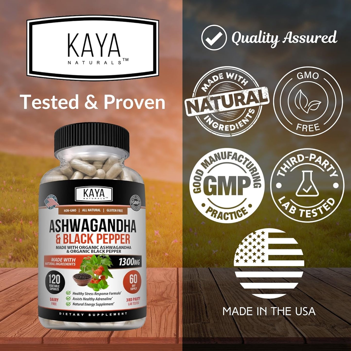 Organic Ashwagandha Capsules 1300mg - Stress Relief, Adrenal & Thyroid Support with Black Pepper - 120 Count - 100% Pure Ashwagandha - Kaya Naturals - Espot.com.au