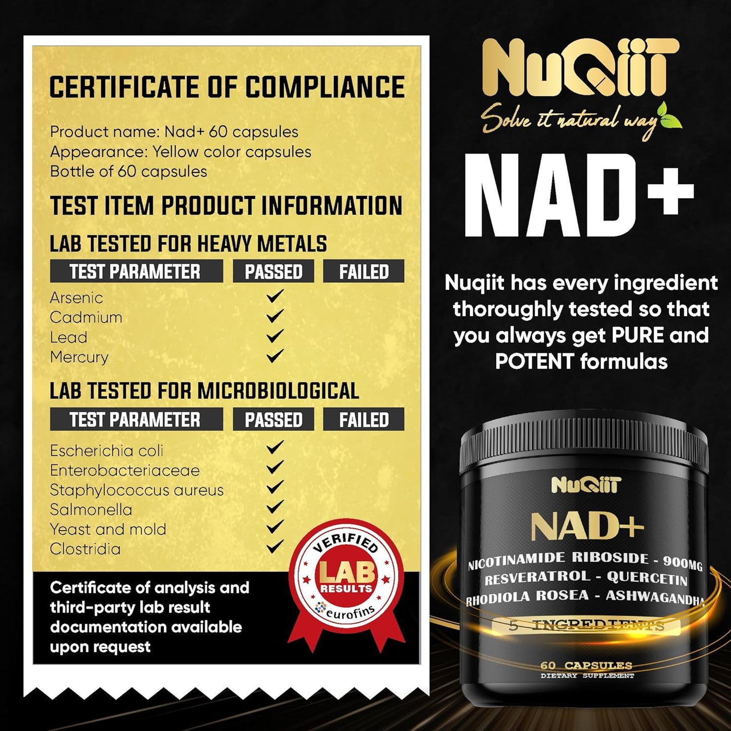 NUQIIT NAD+ Supplement 900mg with Resveratrol, Quercetin, Turmeric, Rhodiola Rosea - Cellular Energy & Repair for Vitality and Healthy Aging - 60 Count - Espot.com.au