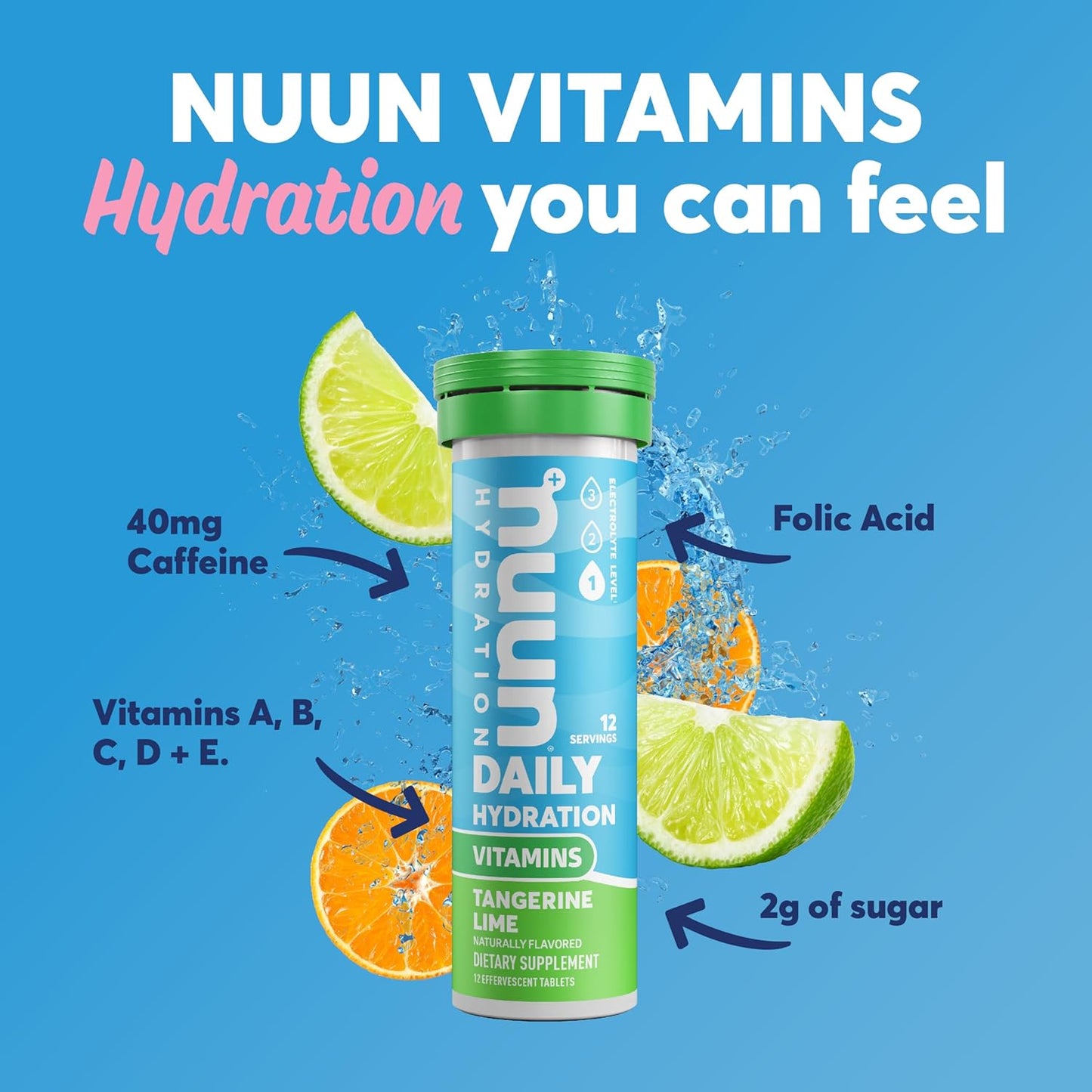 Nuun Tangerine Lime Hydration Tablets - 5 Electrolytes + Vitamins A, B6, C, D, E - Magnesium, Vegan, Non-GMO - 8 Pack (96 Servings) - Espot.com.au