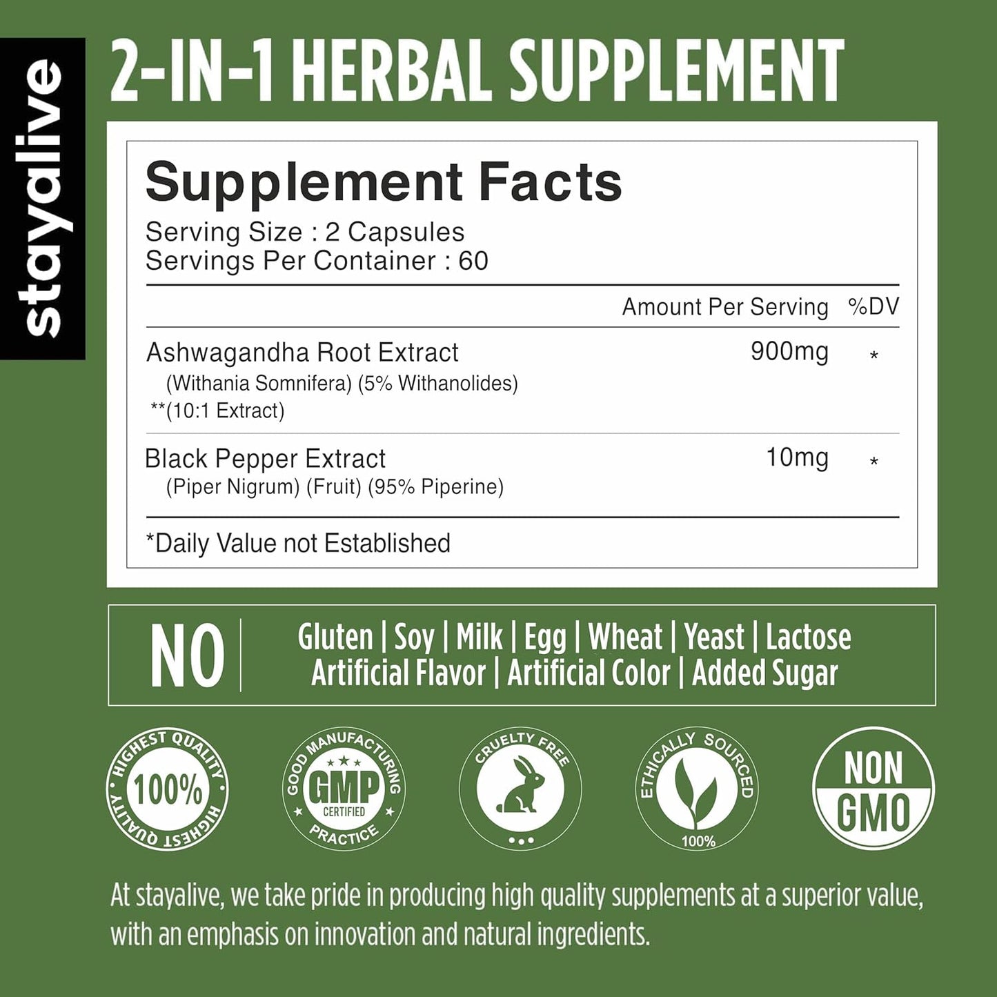 StayAlive Ashwagandha Capsules - 910mg Extra Strength with Black Pepper Extract, 120 Count - Stress, Mood, Energy Support - Non-GMO & Gluten Free - Espot.com.au