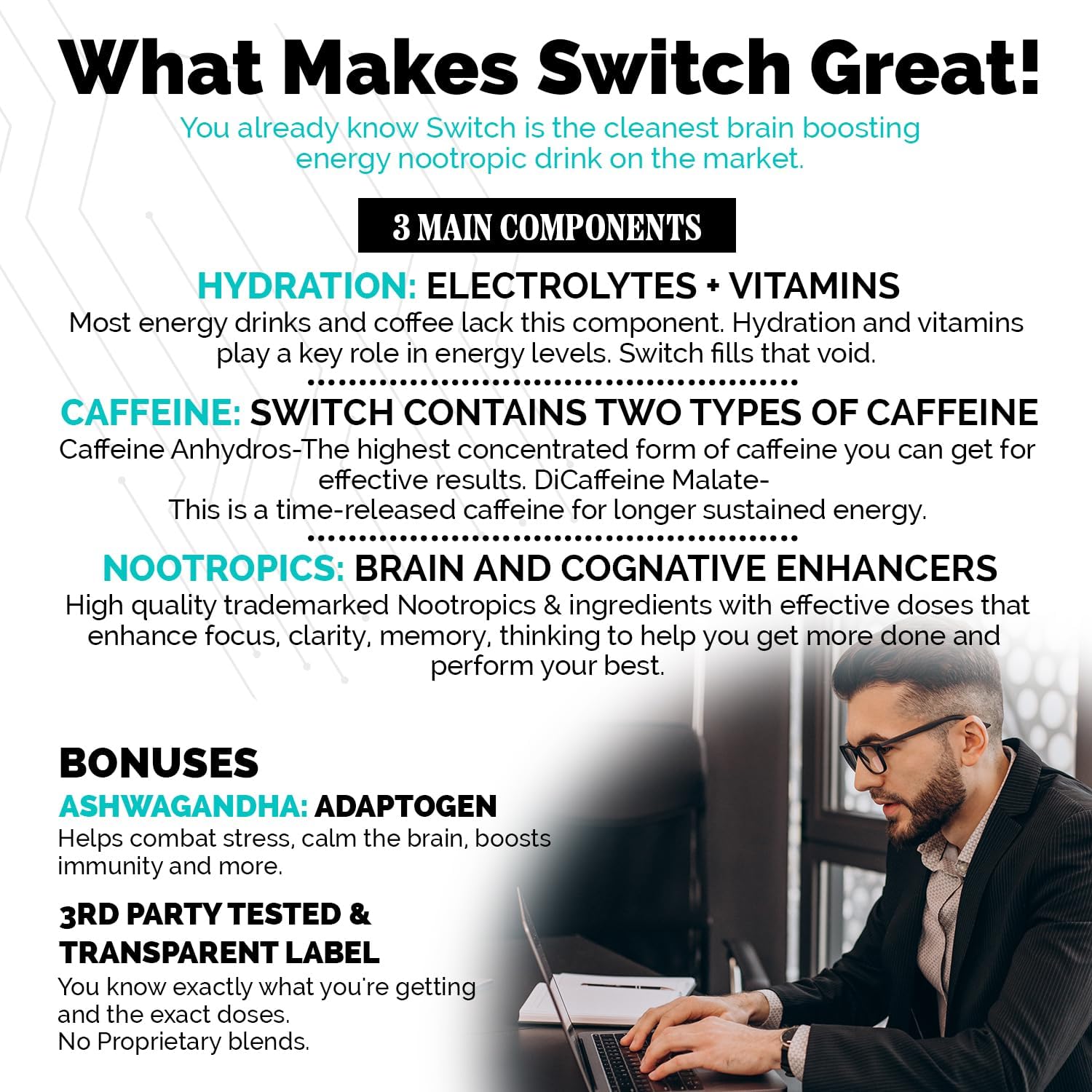 Brain Boosting Nootropic Energy Supplement with Alpha GPC & Ashwagandha - Enhance Mental Focus, Cognitive Function, Mood & Memory - Sugar Free Energy Powder for Keto - CoreBody Nutrition Switch - Espot.com.au