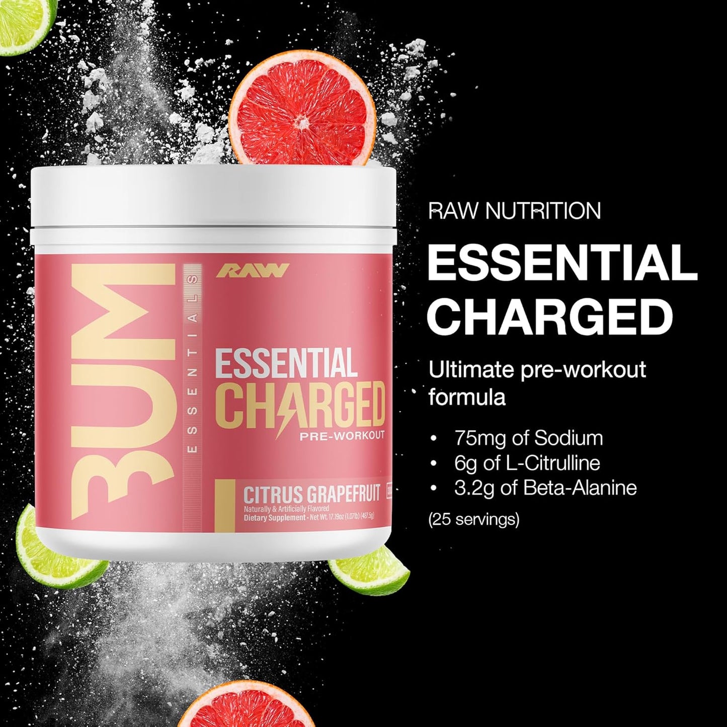Essential CHARGED Pre-Workout Powder - Citrus Grapefruit Flavor - Boosts Focus, Mood, Performance - Caffeine, Alpha-GPC, L-Citrulline, Beta Alanine - 25 Servings - Preworkout Supplement for Men and Women - Espot.com.au