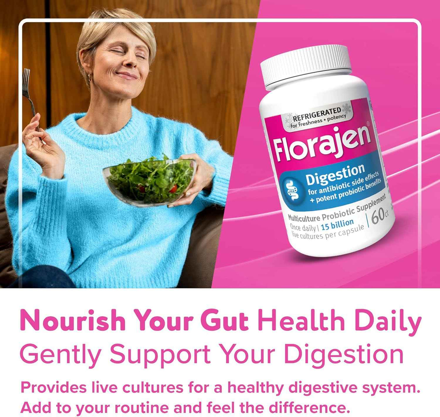 Refrigerated Florajen Digestion Probiotics - 60 Count Advanced Gas & Bloat Supplement with Lactobacillus for Gut Health - Adult Daily Probiotics for Constipation