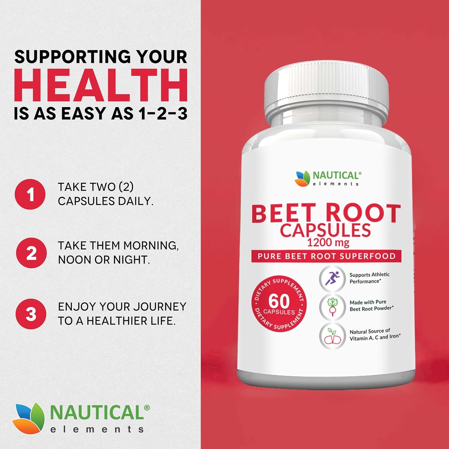 1200mg Nautical Elements Beet Root Powder Capsules - 60 Capsules for Blood Pressure, Athletic Performance, Digestive & Immune Support - Pure, Non-GMO & Gluten Free - Beetroot Supplement - Espot.com.au