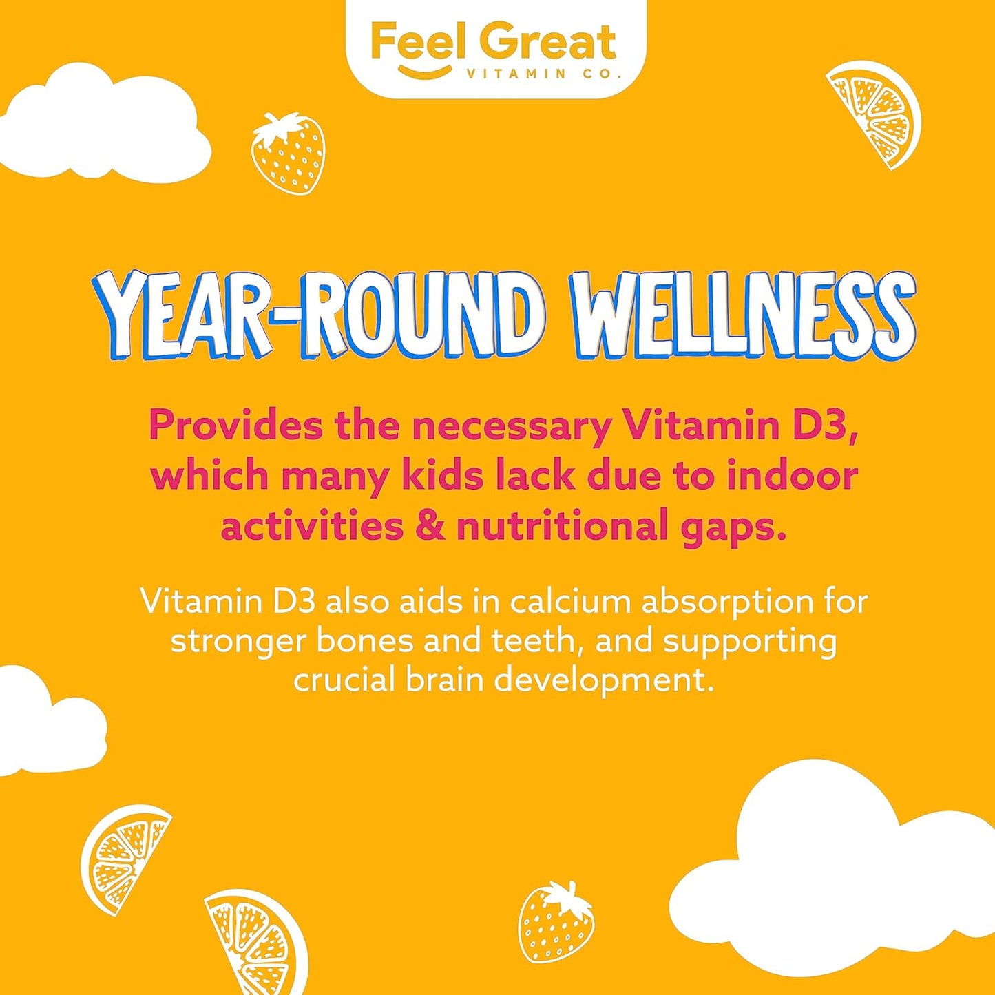 Feel Great Kids Vitamin D3 1000 IU Gummies - Citrus Flavored Vegetarian D3 Gummies for Healthy Bones, Mood, & Immune Support - 90 Day Supply from The Feel Great Vitamin Company - Espot.com.au