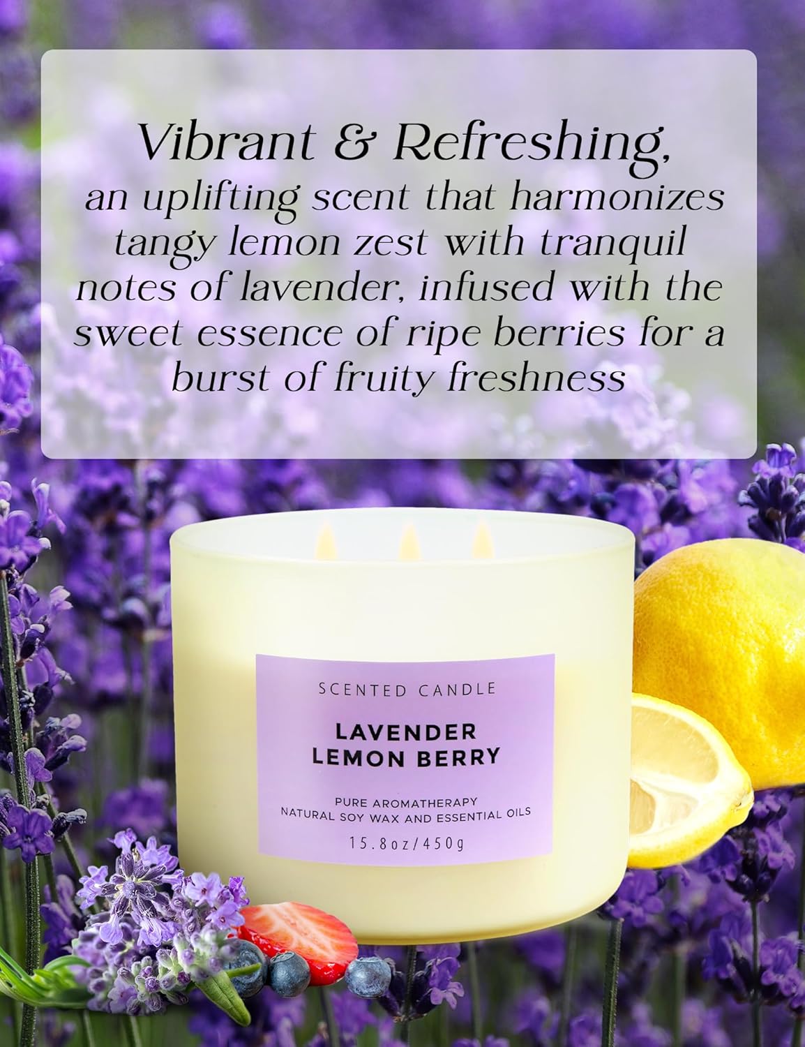 Lavender Lemon Berry Aromatherapy Candle for Stress Relief | 3 Wick Soy Candle 15.8 oz | Relaxing Scented Candle for Women & Men | Clean Burn, Long Lasting - Espot.com.au