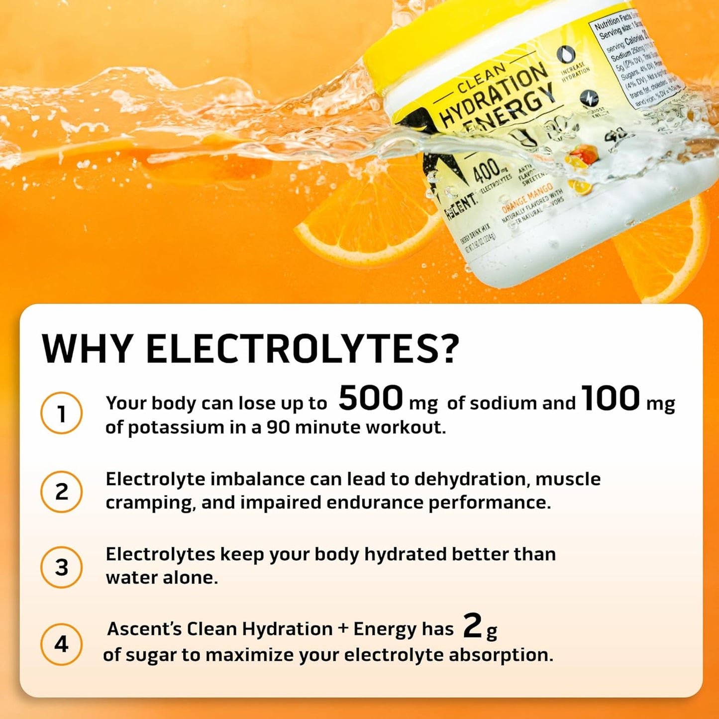 Orange Mango Electrolyte Powder with 100mg Caffeine - Clean Hydration and Energy Boost Drink Mix with 400mg Electrolytes - Natural Ingredients - 40 Servings - Espot.com.au