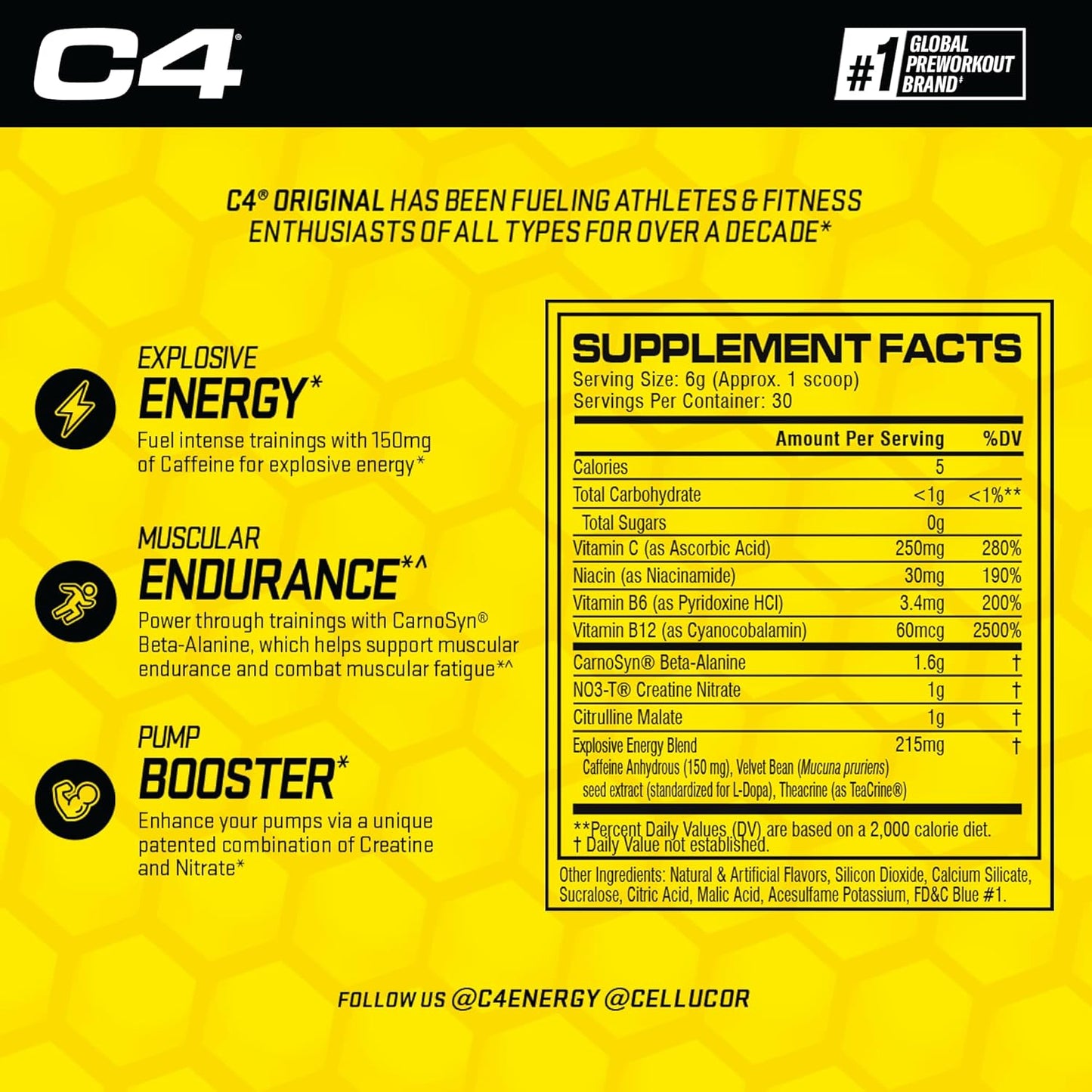 Cellucor C4 Original Icy Blue Razz Pre Workout Powder - Sugar Free Energy Boost for Men & Women - Immune Support with Vitamin C - 30 Servings - Espot.com.au