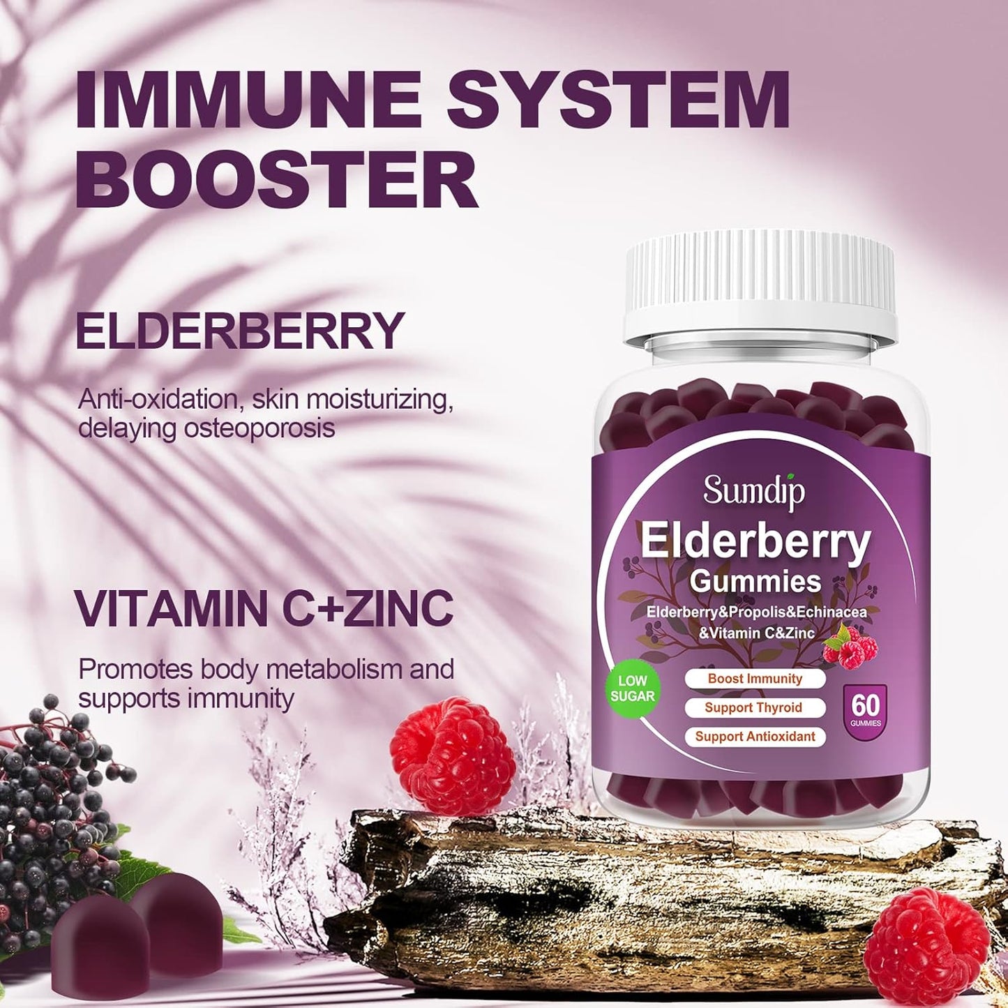 Organic Elderberry Gummies with Zinc and Vitamin C for Immune Support - Vegan, Non-GMO, Gluten Free - 120 Gummies, Berry Flavor - Espot.com.au