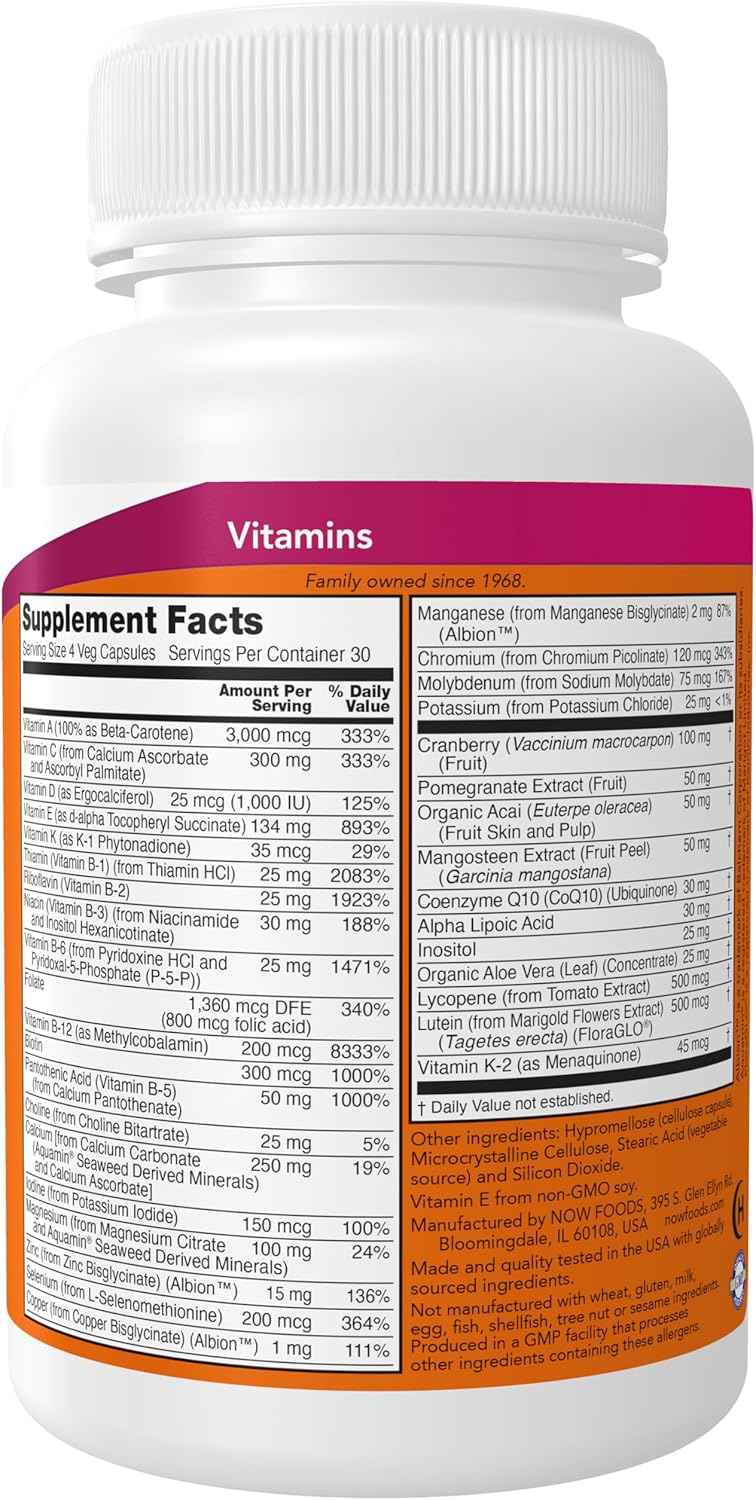 NOW Foods Eve Women's Multivitamin with Cranberry, Alpha Lipoic Acid, CoQ10, Superfruits - Pomegranate, Acai & Mangosteen - 120 Veg Capsules, Iron-Free